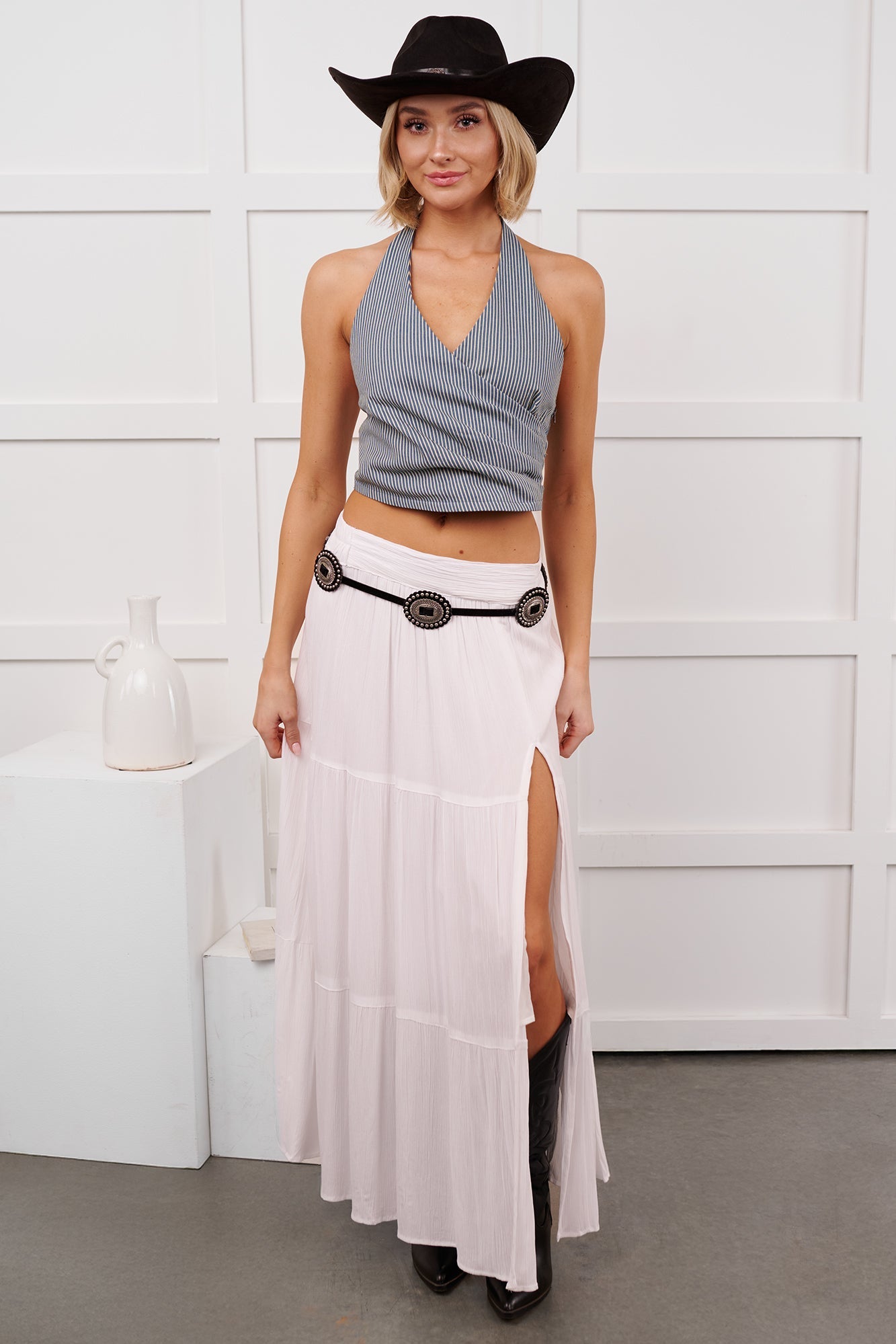 Darling Moments Tiered Slit Maxi Skirt (White)
