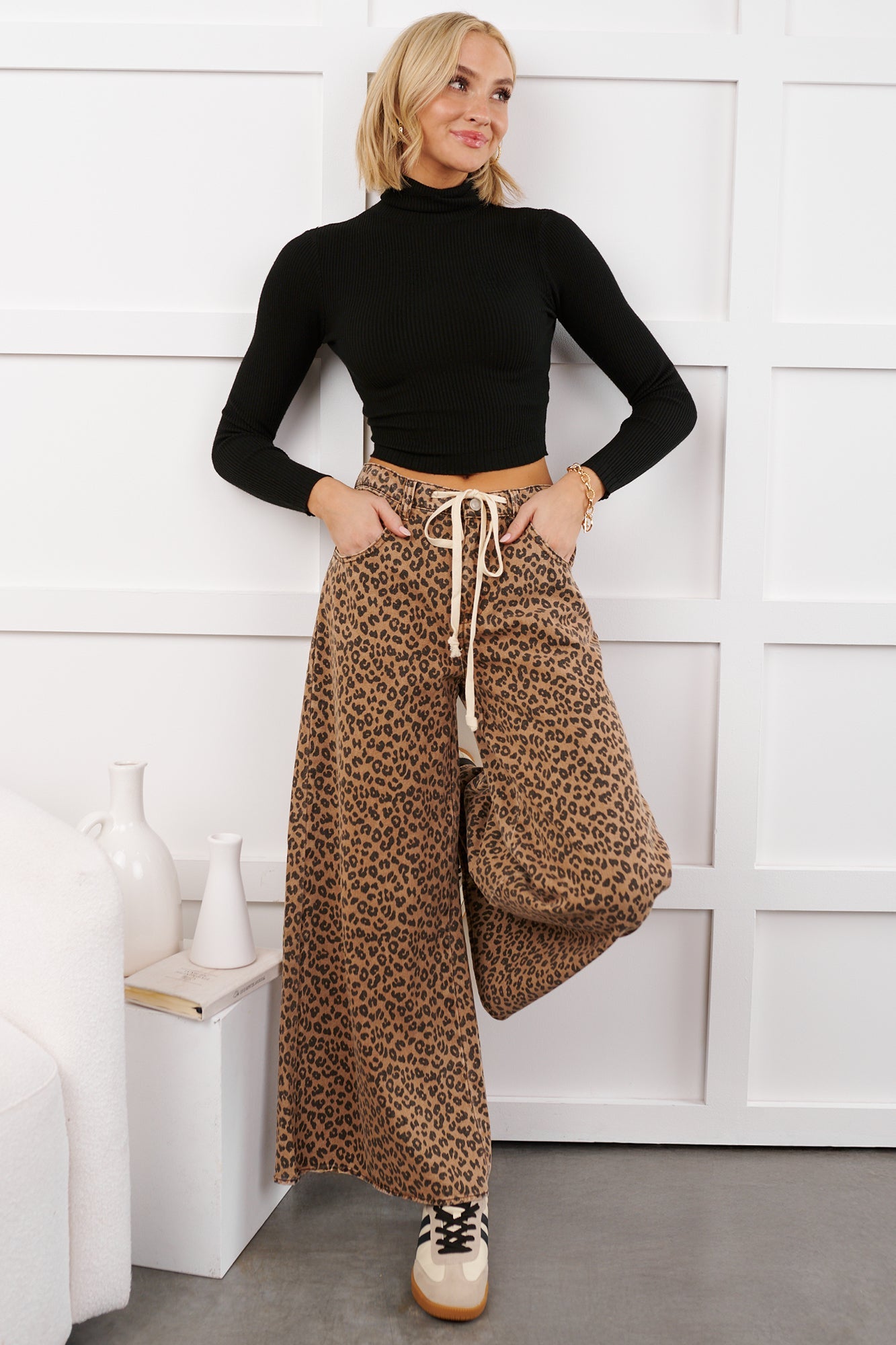 Alivia Drawstring Leopard NoaBoa Pants (Mocha/Black)