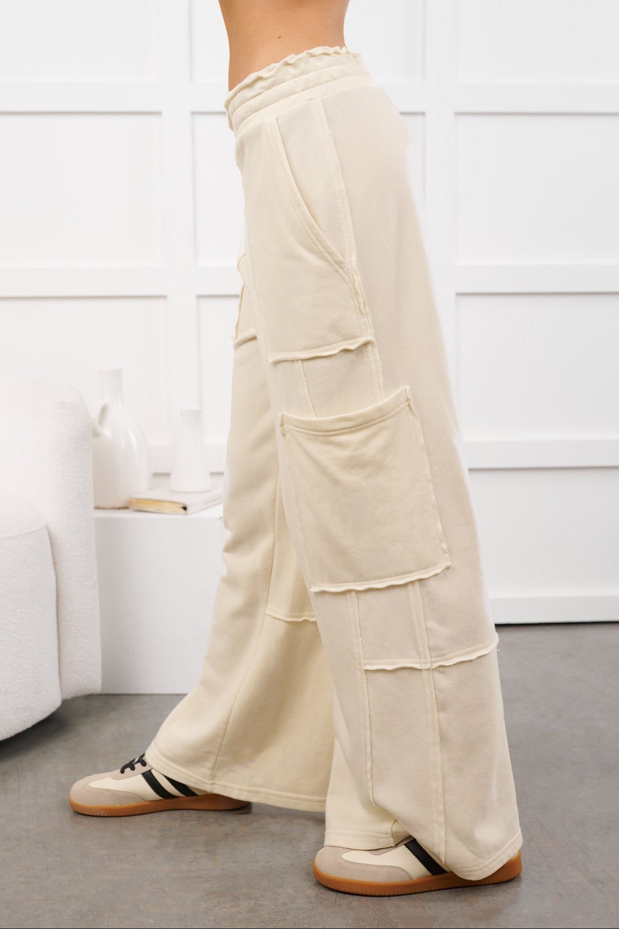 Mellow Hours Cargo Wide Leg Lounge Pants (Cream)
