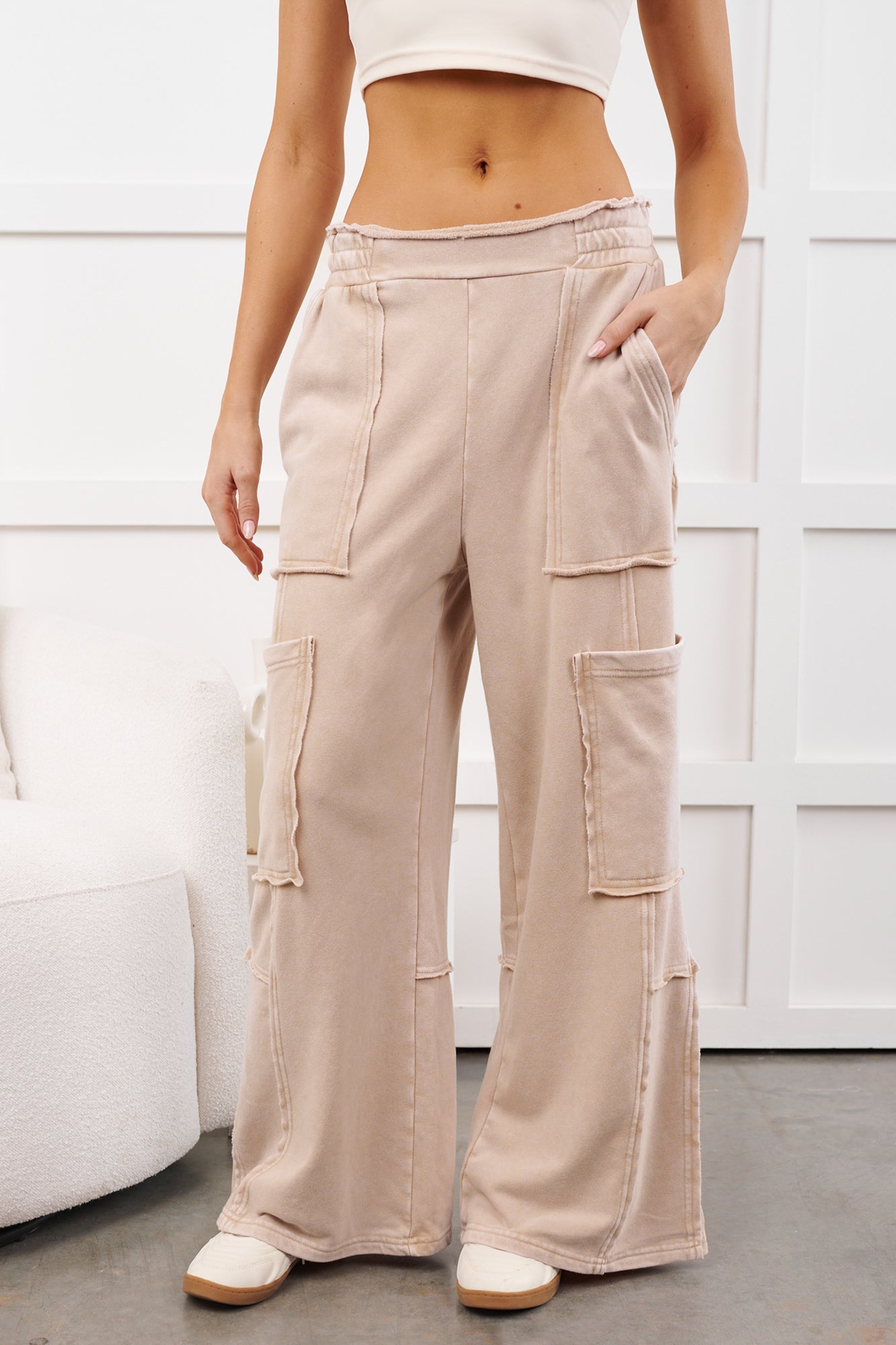 Mellow Hours Cargo Wide Leg Lounge Pants (Dark Taupe)