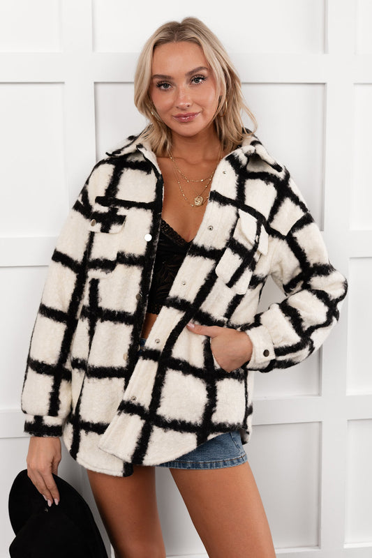 Hearth Light Grid Print Brushed Fleece Coat (Black)