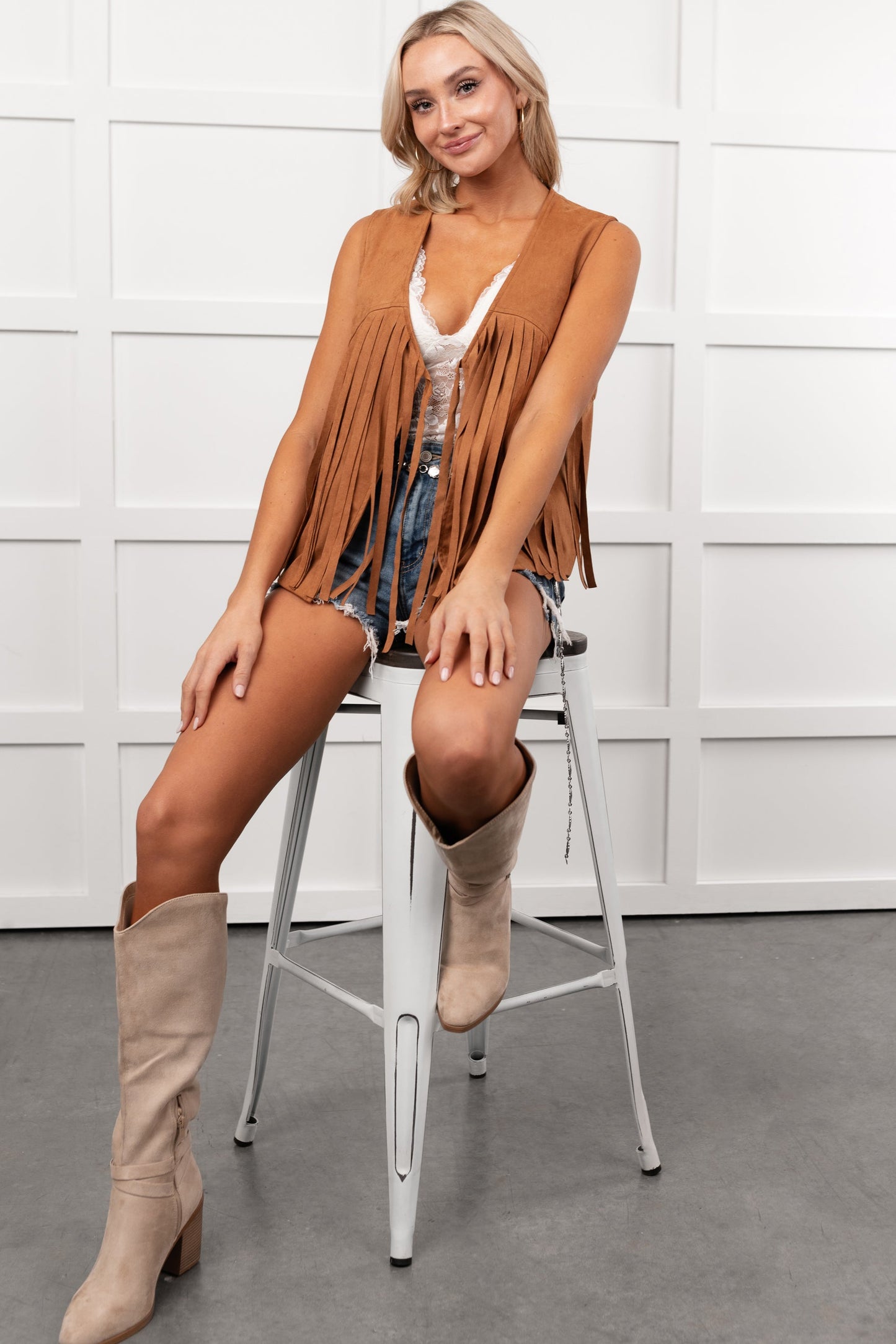 Barnwood Love Faux Suede Fringe Detail Vest (Camel)
