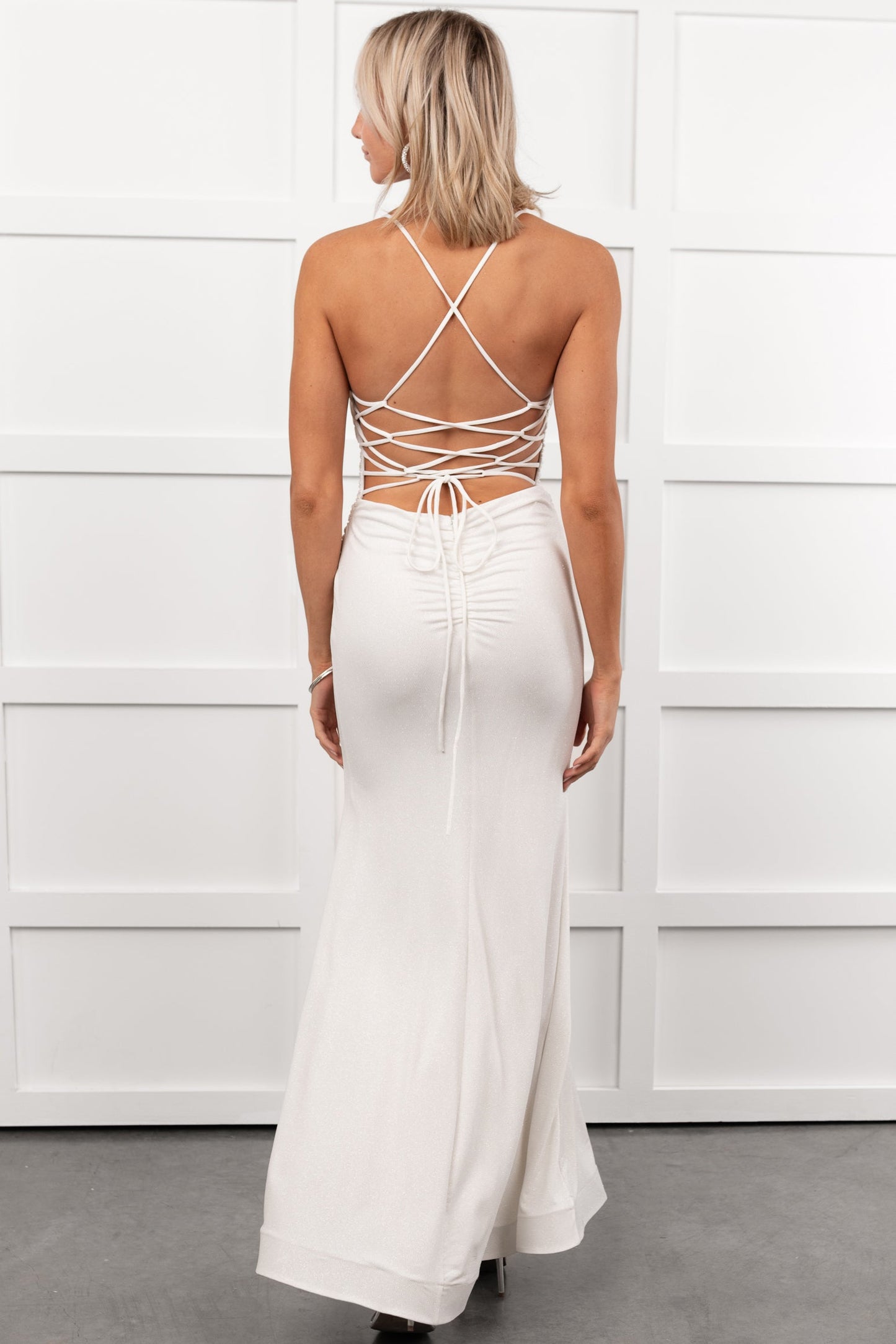 Hollywood Smiles Glittered Lace-Up Maxi Dress (Off White/Silver)
