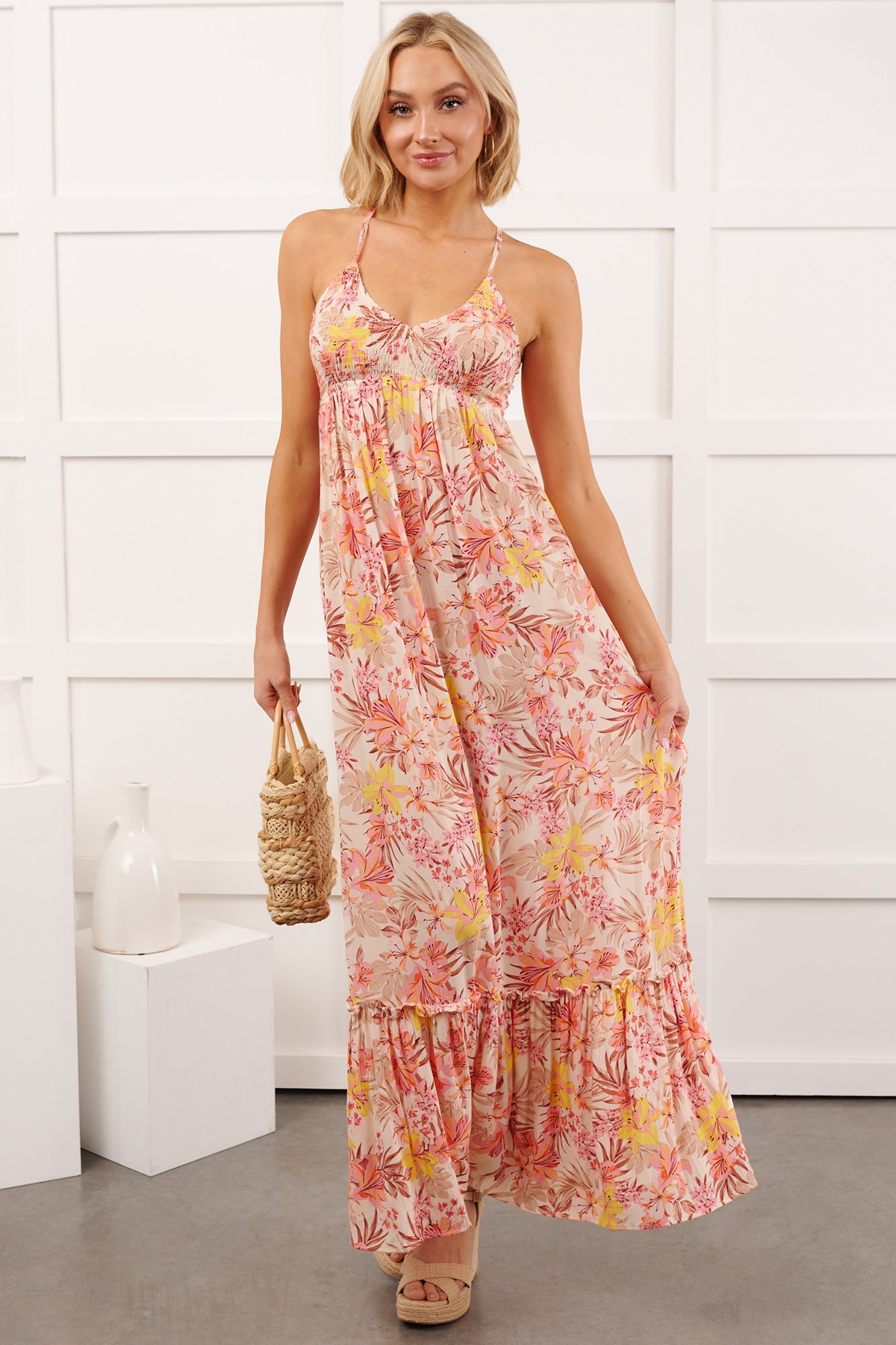 Kissed Soft Sleeveless Floral Maxi Dress (Ivory/Pink)