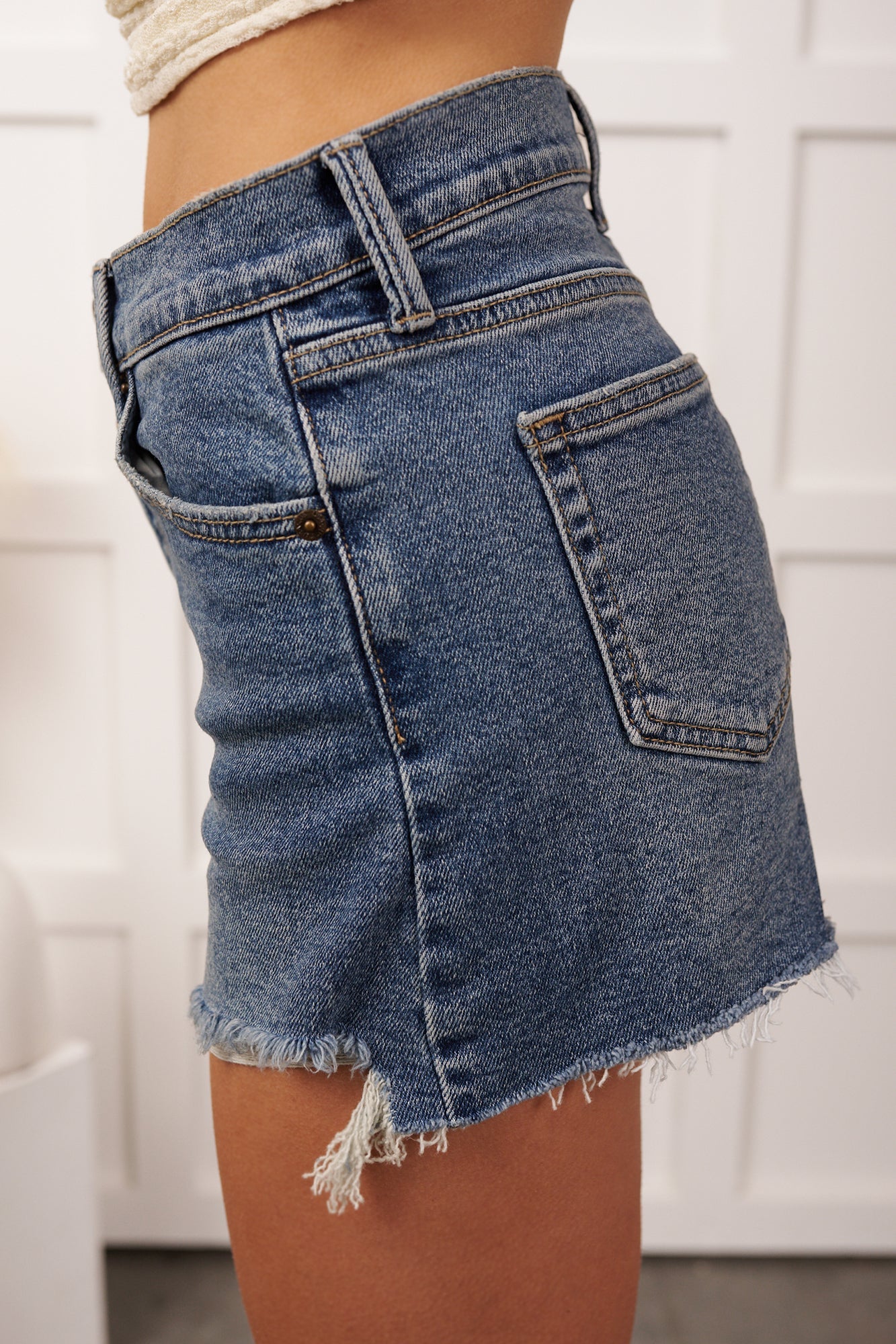 Colten Distressed High-Low Jean Shorts (Medium Denim)