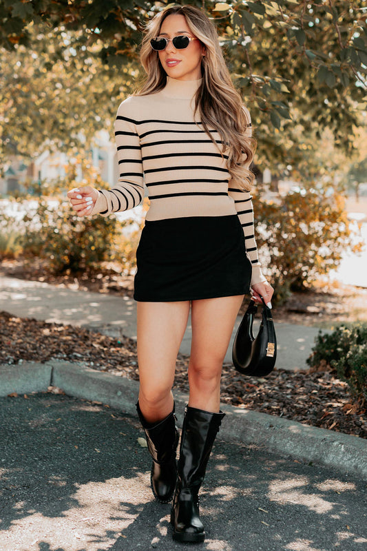 Blissful Rest Striped Mock Neck Sweater Top (Taupe/Black)