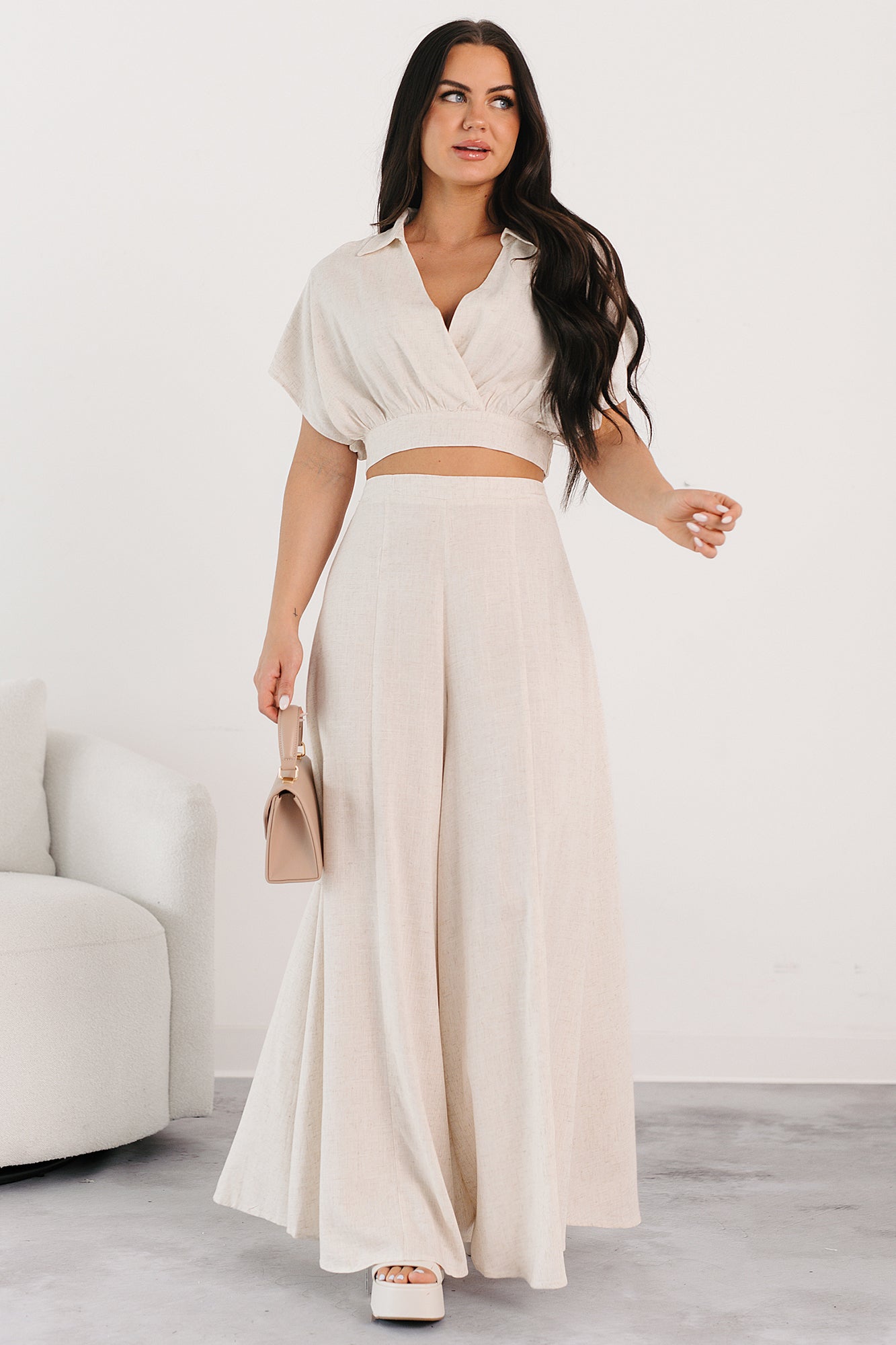 Chic and Simple Crop Top & Palazzo Pants Set (Oatmeal)