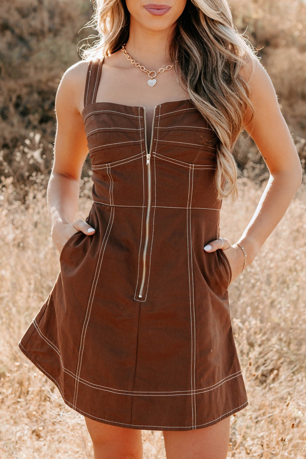 Soulful Gazes Sleeveless Denim Mini Dress (Mocha)