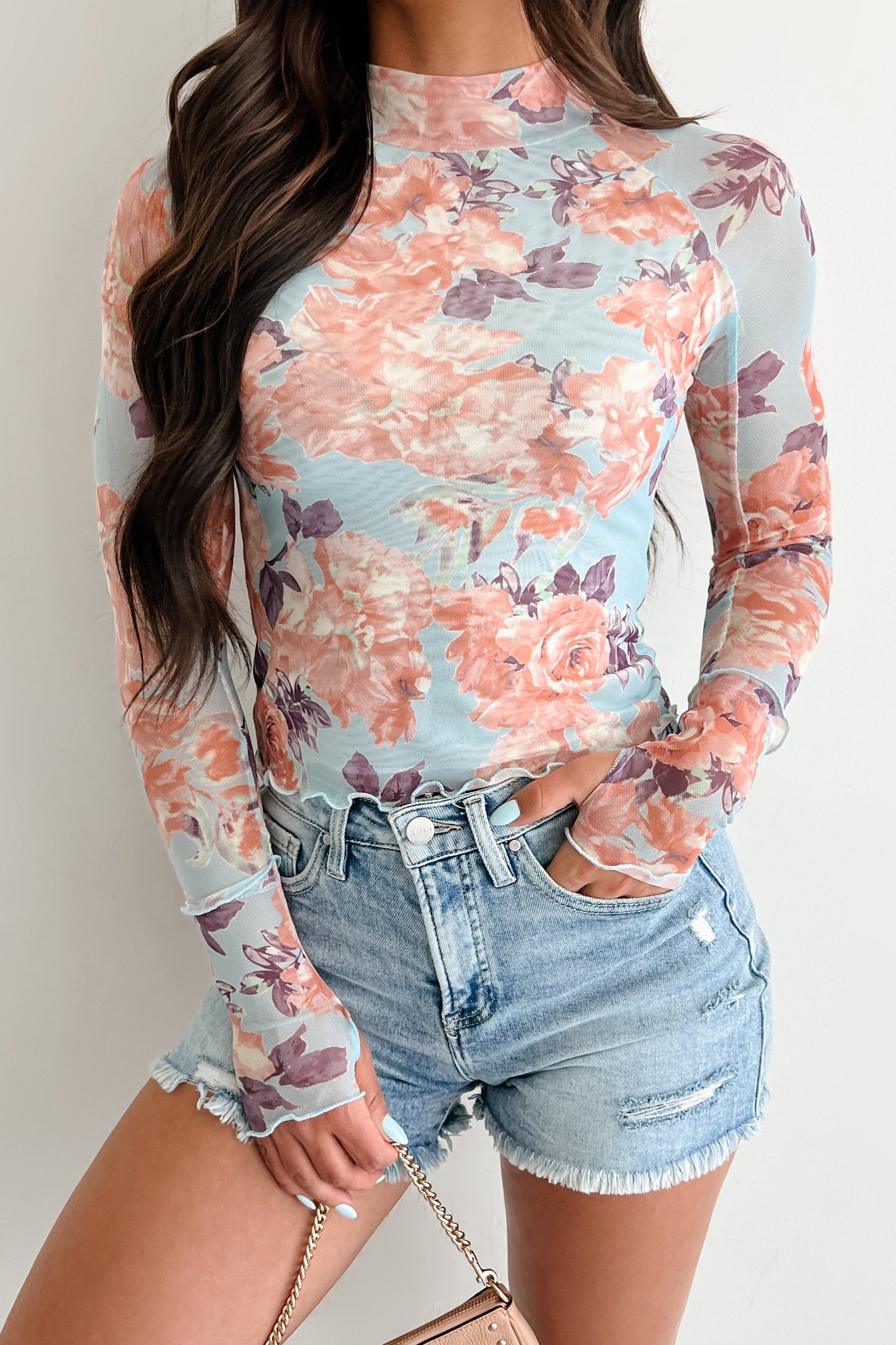 Hooked On You Floral Mesh Long Sleeve Top (Peach/Blue)