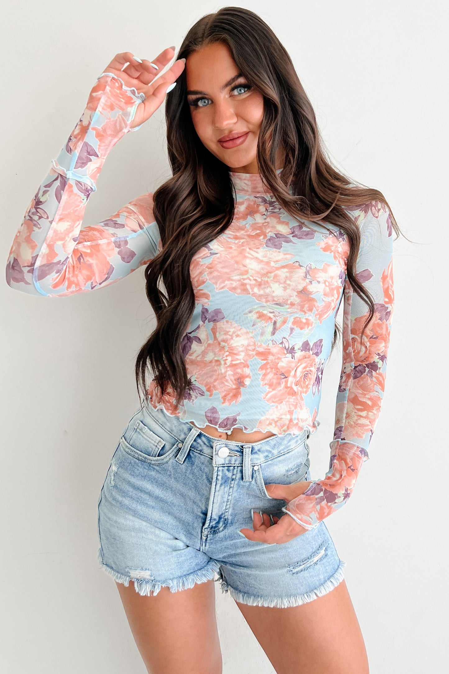 Hooked On You Floral Mesh Long Sleeve Top (Peach/Blue)