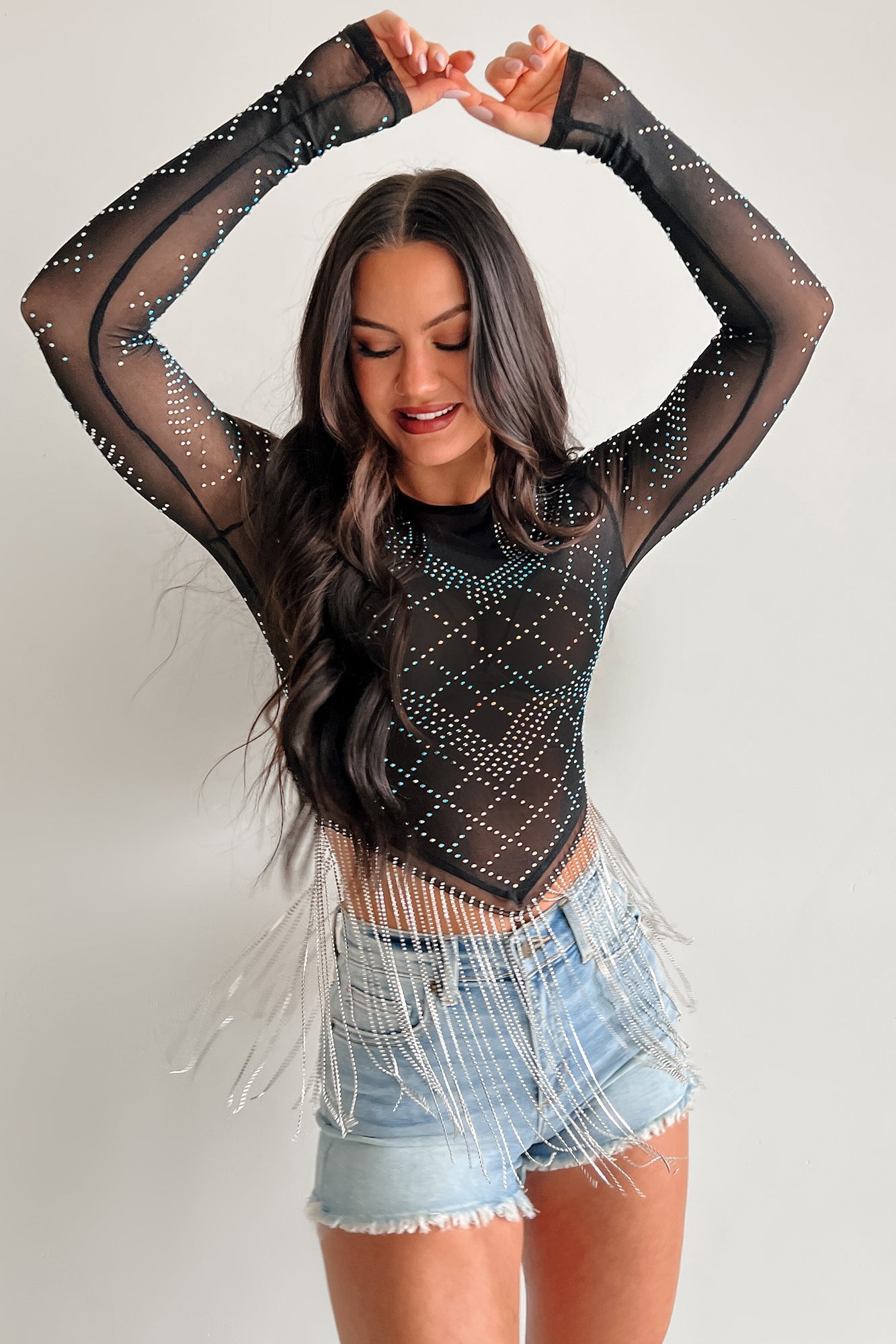 Flashy But Fun Mesh Rhinestone Fringe Top (Black)