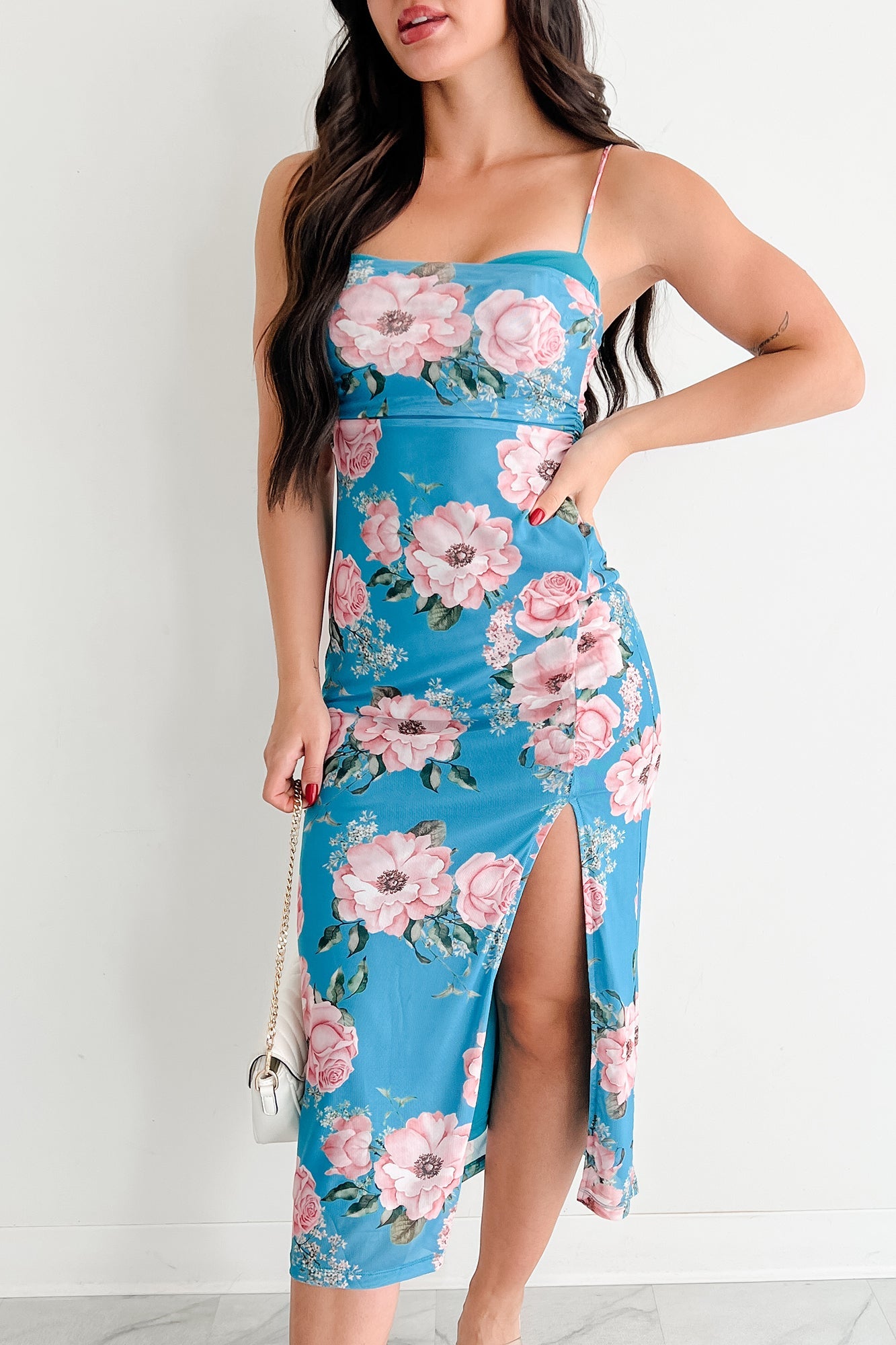 Own The Mood Sleeveless Floral Midi Dress (Teal)