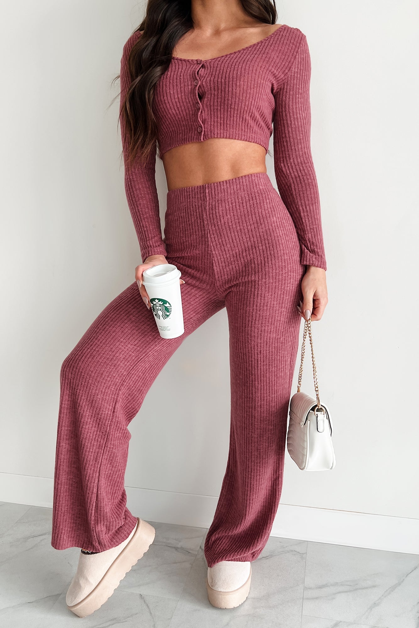 Ive Got My Eye On You Ribbed Long Sleeve Button Down Set (Soft Mulberry)