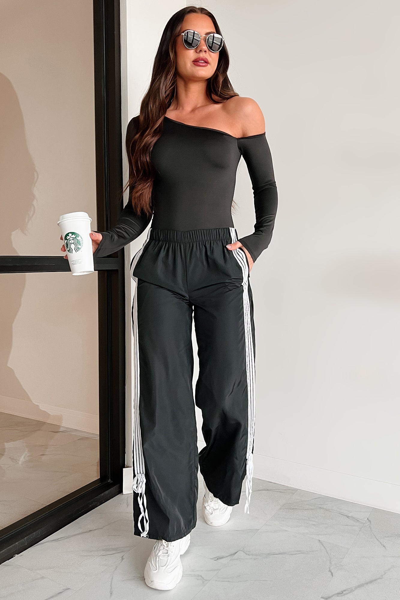 Colby Side Stripe Ribbon Tie Track Pants (Black)