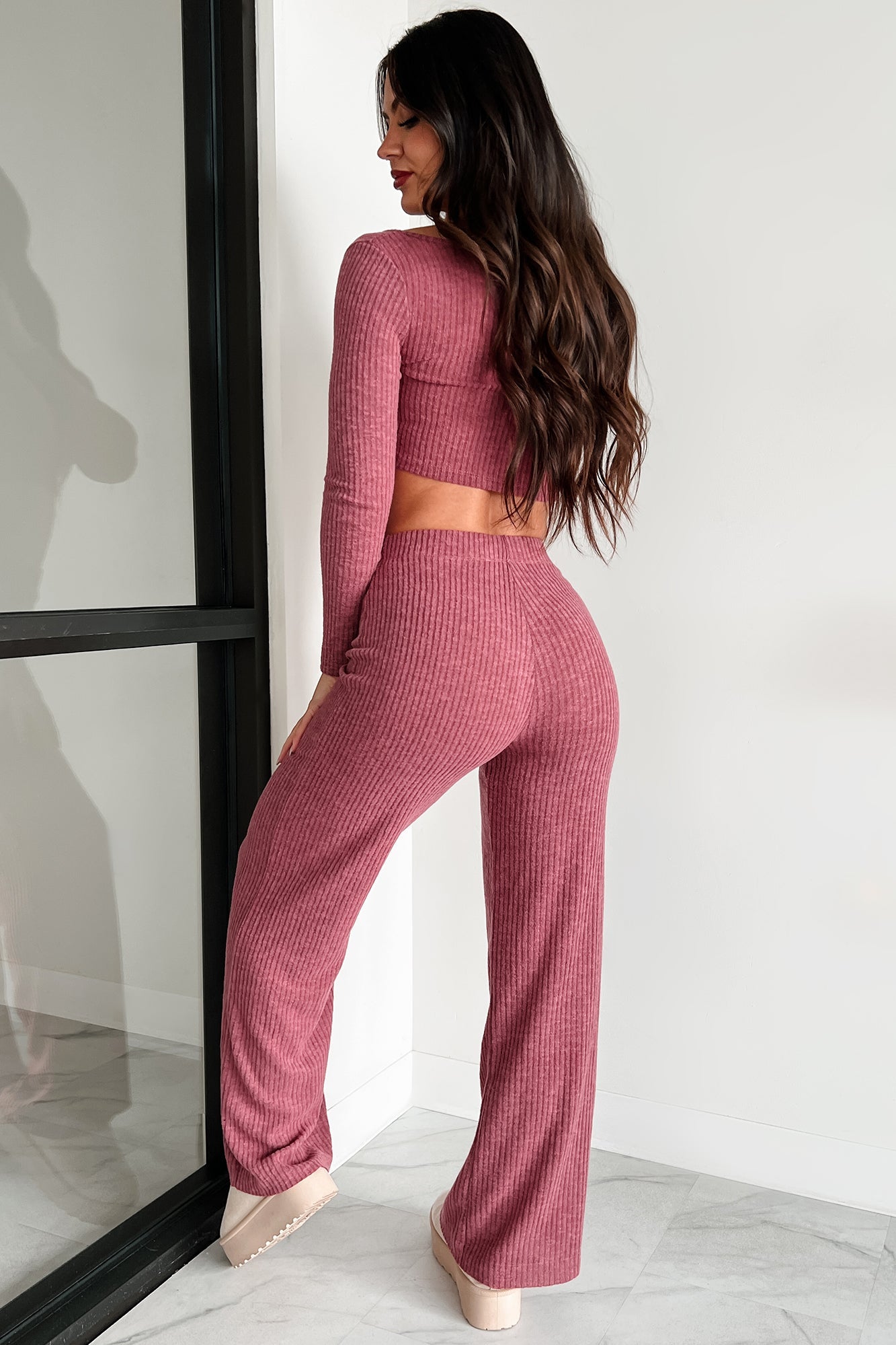 Ive Got My Eye On You Ribbed Long Sleeve Button Down Set (Soft Mulberry)