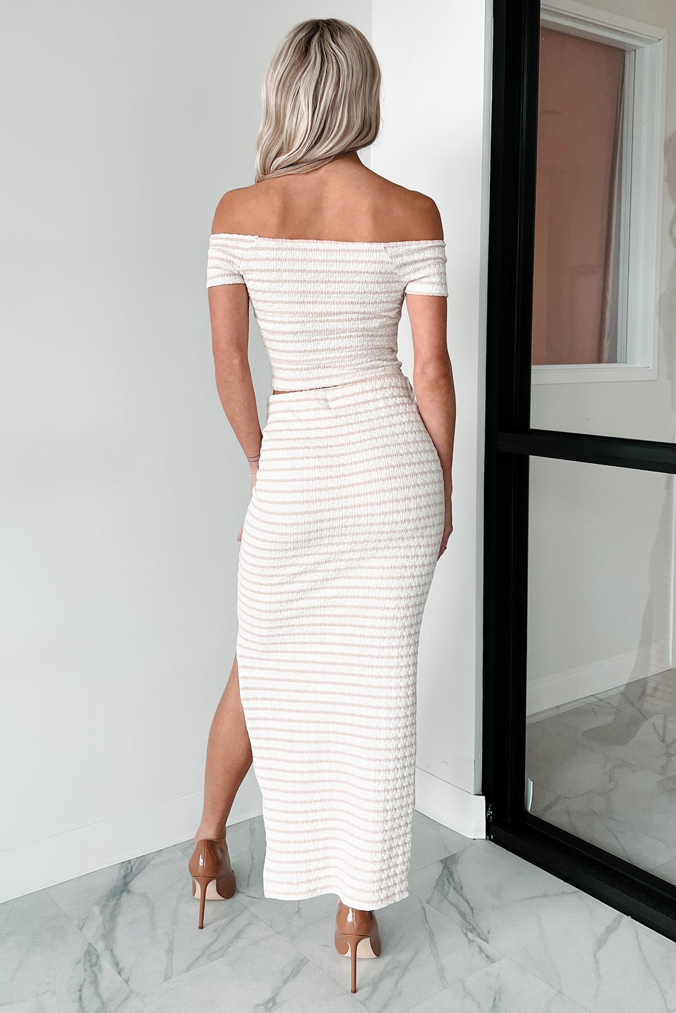 Blissful Mood Striped Crop Top & Skirt Set (Ivory/Taupe)