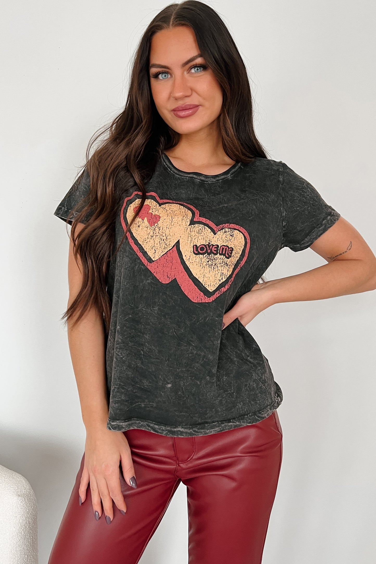 "Love Me" Mineral Wash Graphic Top (Charcoal)