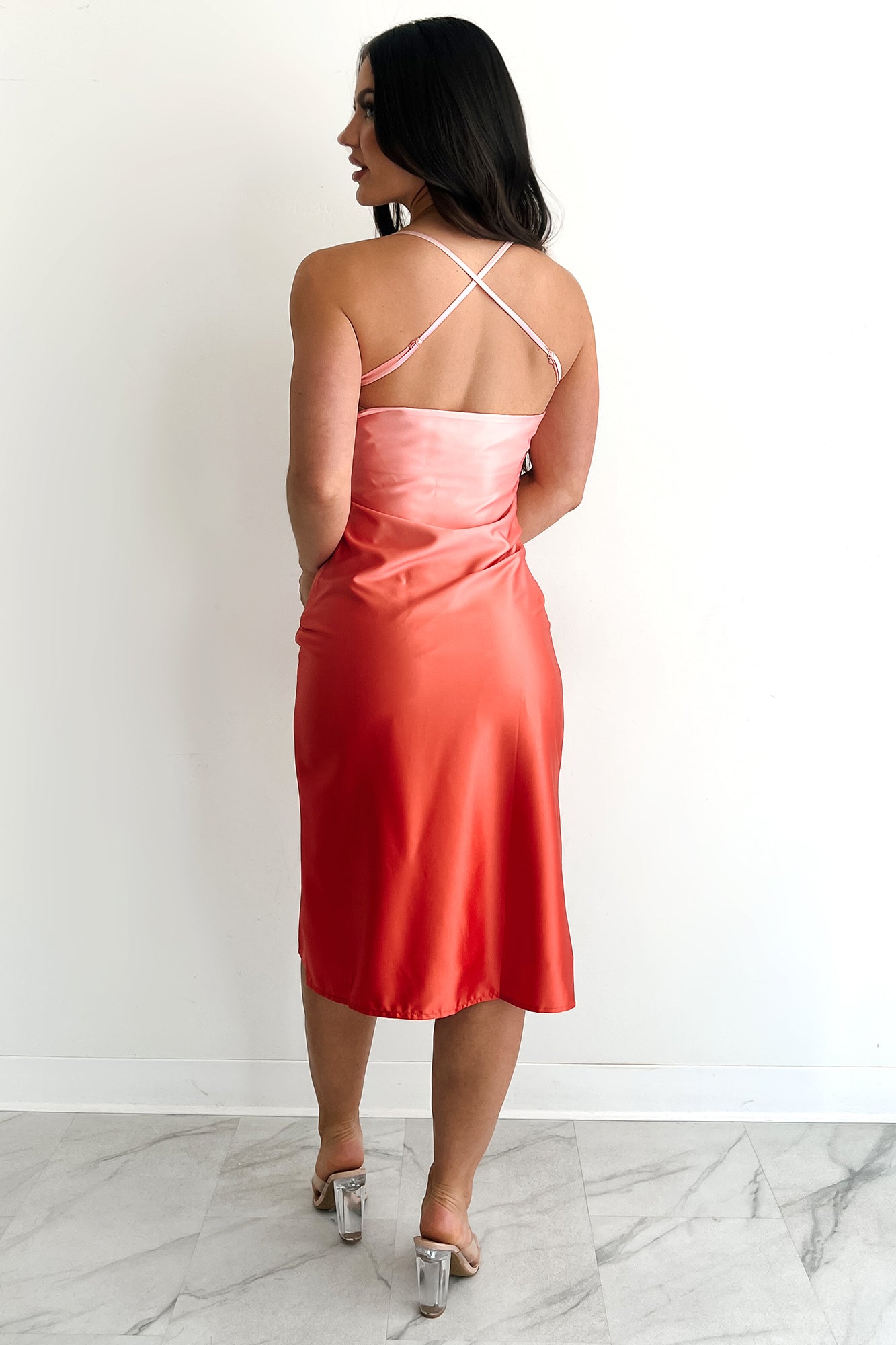 Sunset Memories Satin Midi Dress (Red-Orange)