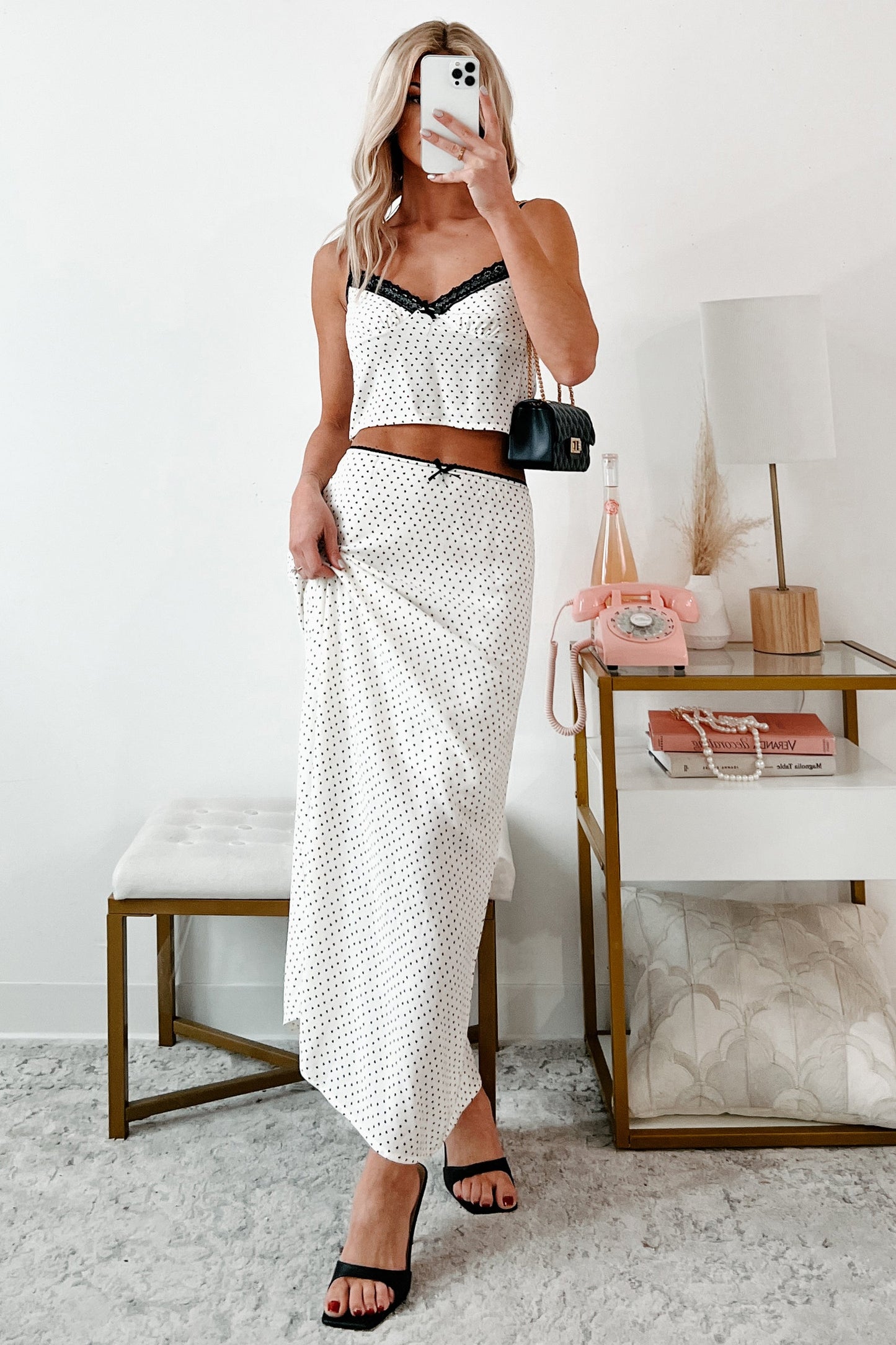 Headed To Brunch Heart Print Cami & Skirt Set (Cream/Black)