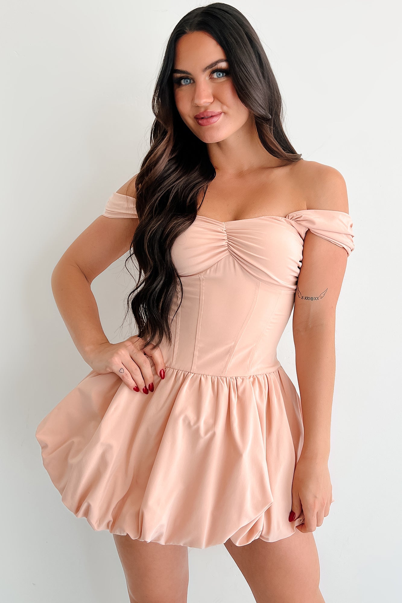 Quiet Hour Off Shoulder Bubble Mini Dress (Warm Peach)