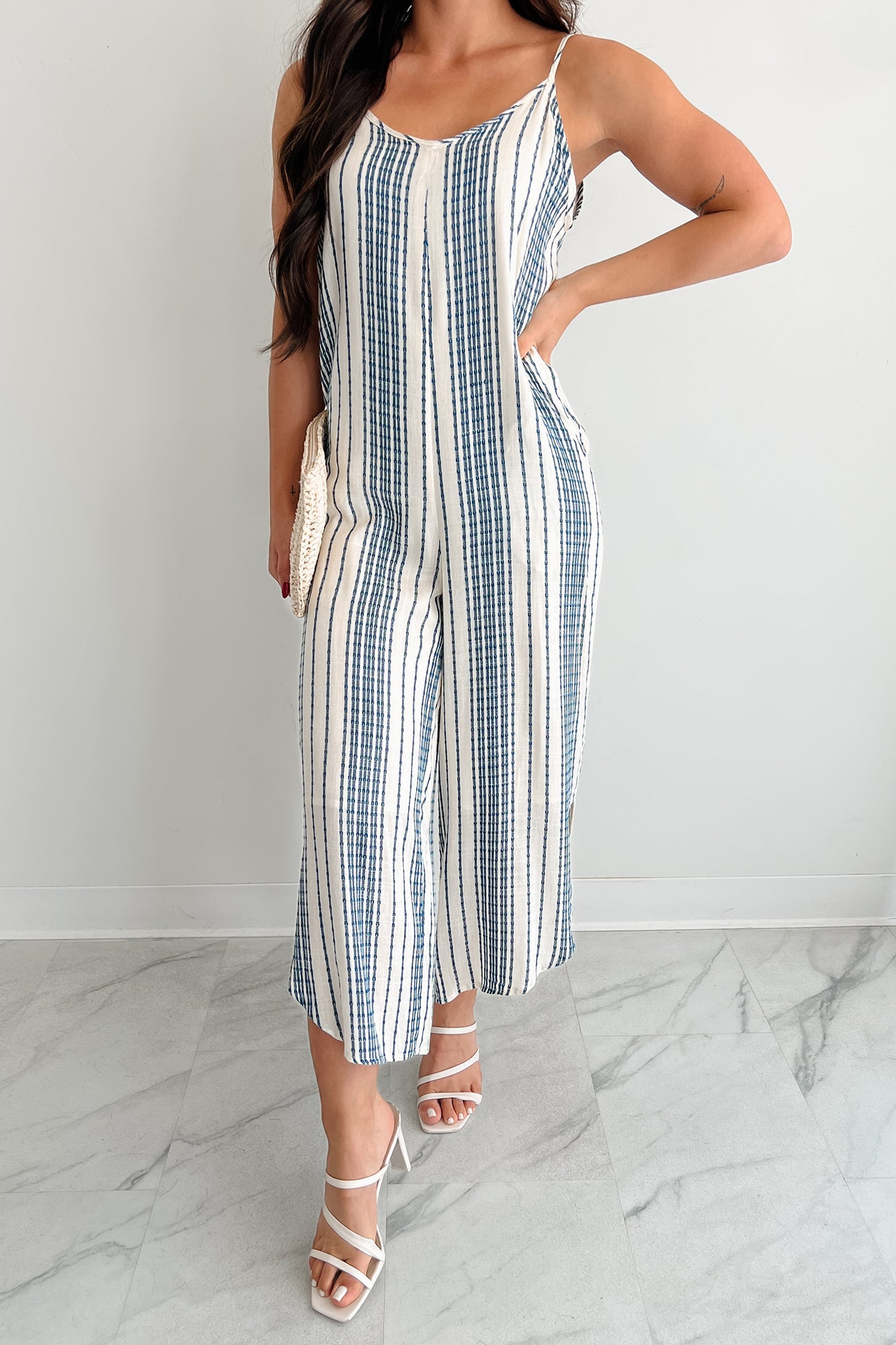 Worn With The Wind Sleeveless Striped Jumpsuit (Ivory/ Blue)
