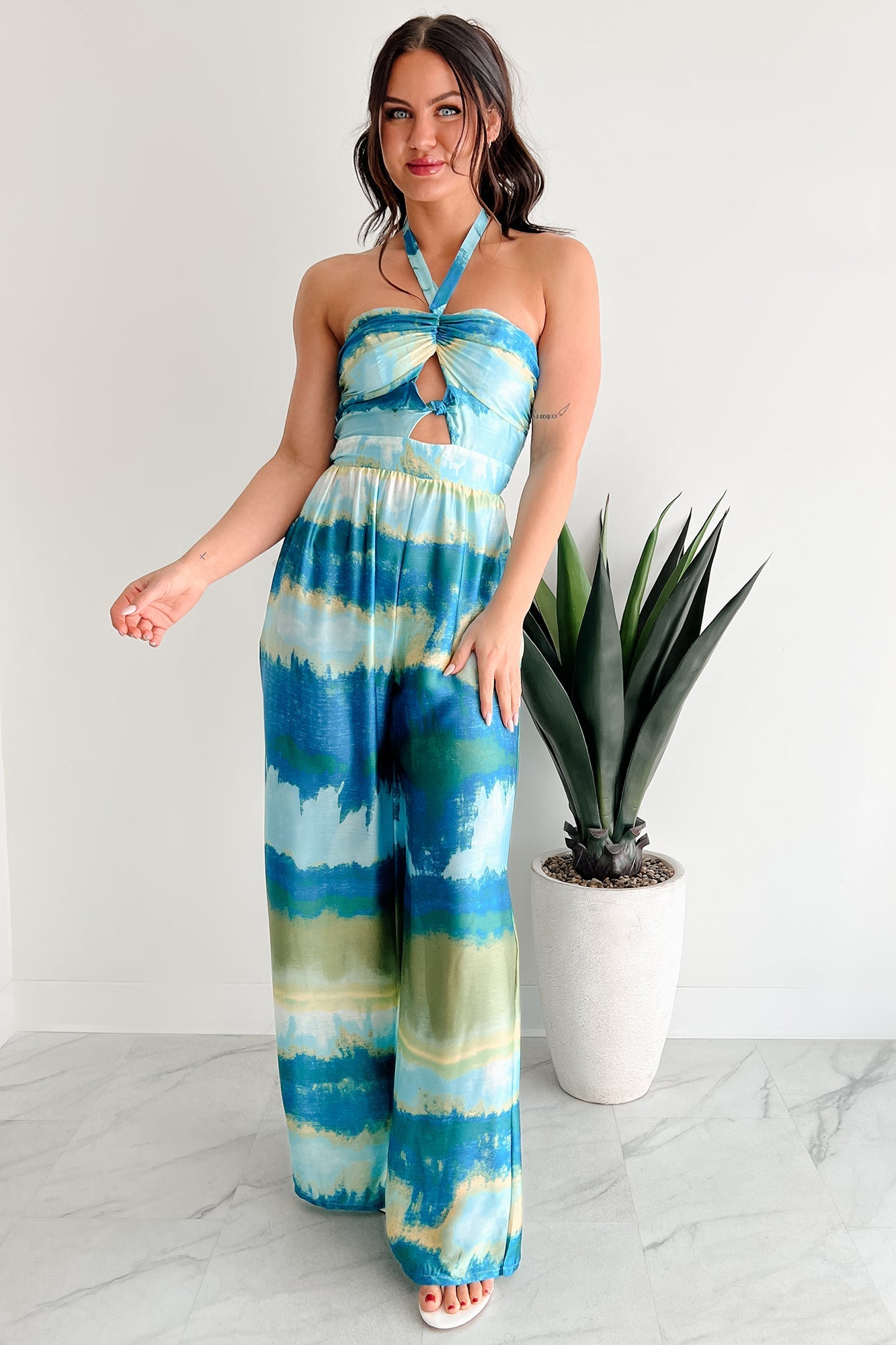 Sunshine & Seaside Halter Wide Leg Jumpsuit (Blue)