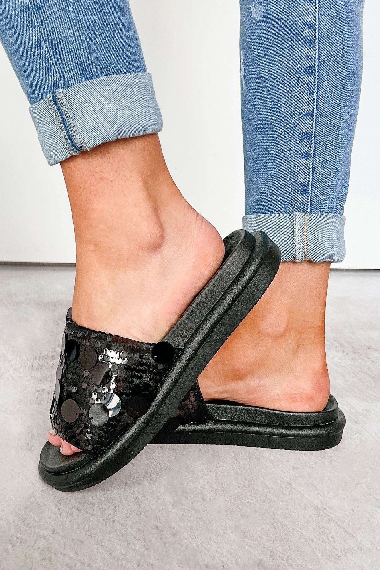 Boujee But Casual Sequin Slide Sandals (Black)