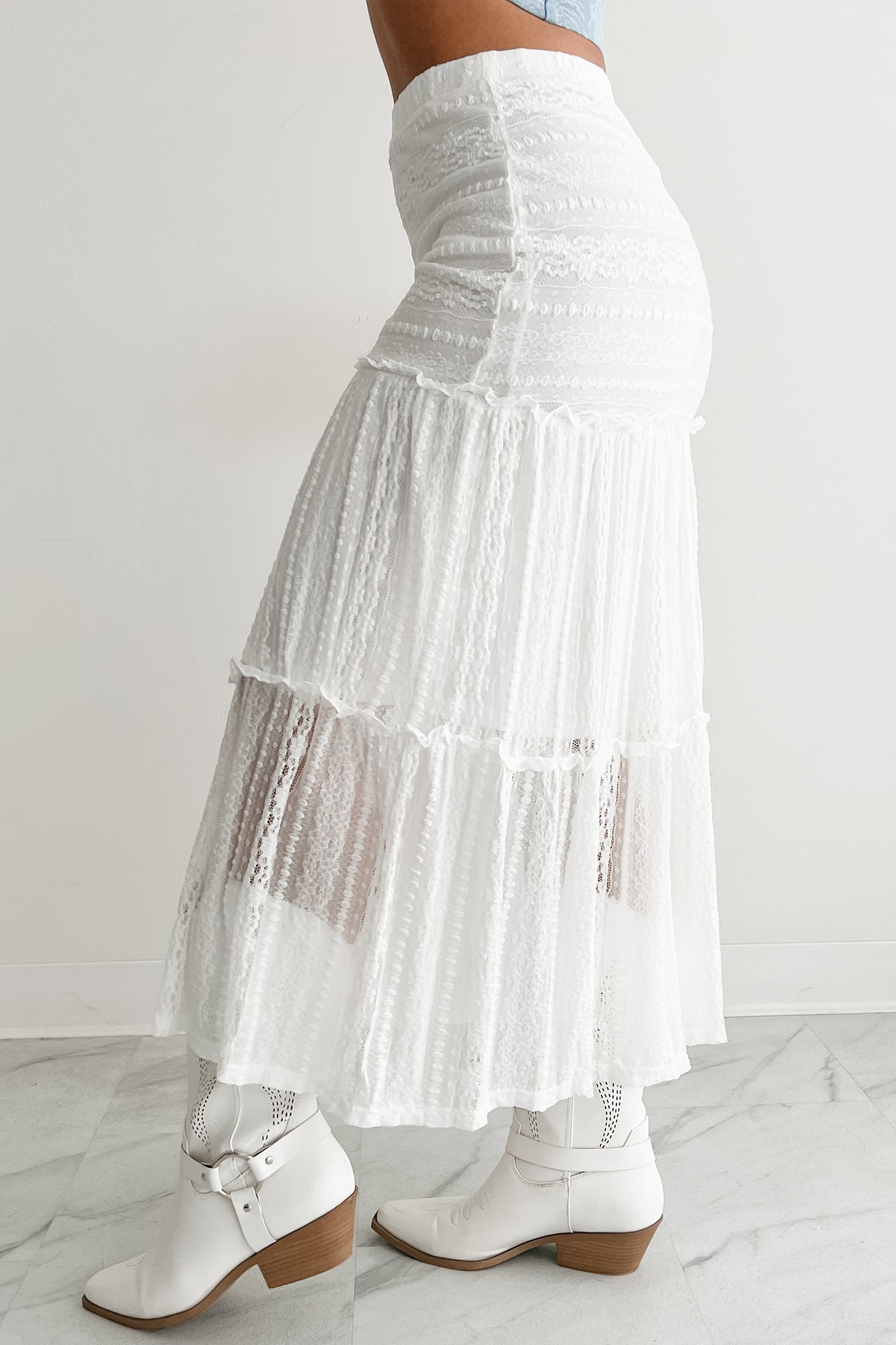 Lacy Daze Tiered Lace Midi Skirt (Off White)