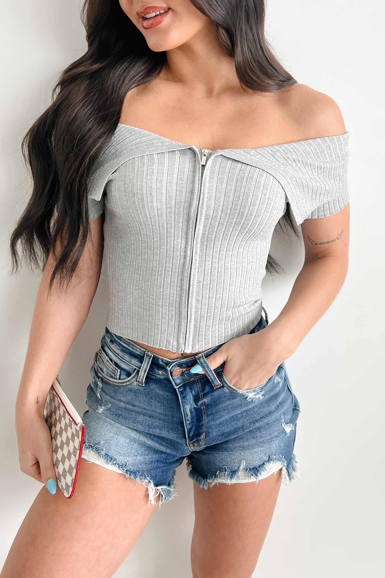 Relaxed Yet Refined Off Shoulder Zip-Up Top (Heather Grey)