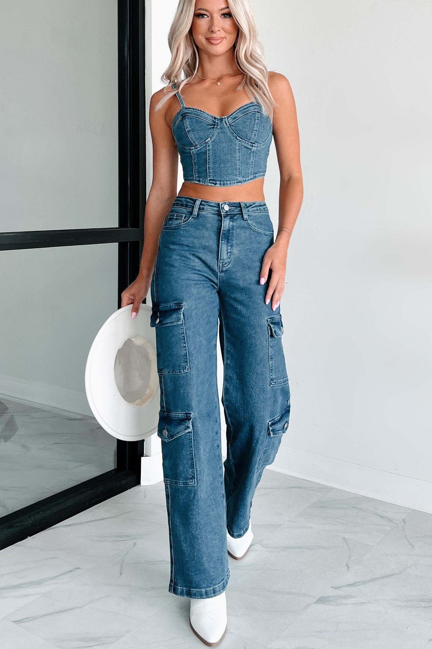 No Invite Needed High Rise Cargo Jeans (Dark Denim)