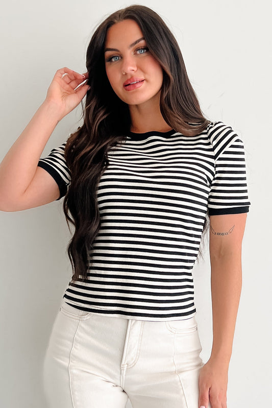 Casual & Cool Striped Puff Shoulder Top (Black/Ivory)