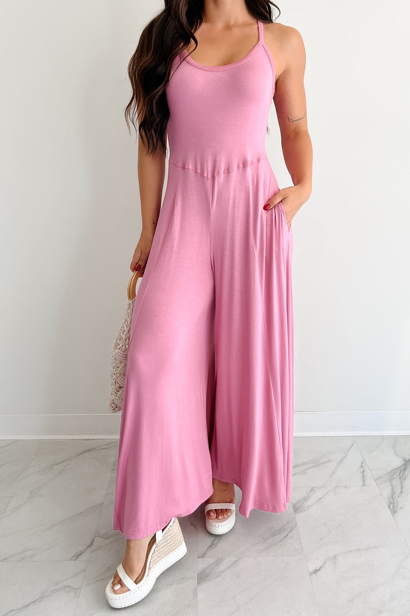 Cloud Naps Sleeveless Cross Back Jumpsuit (Pink)