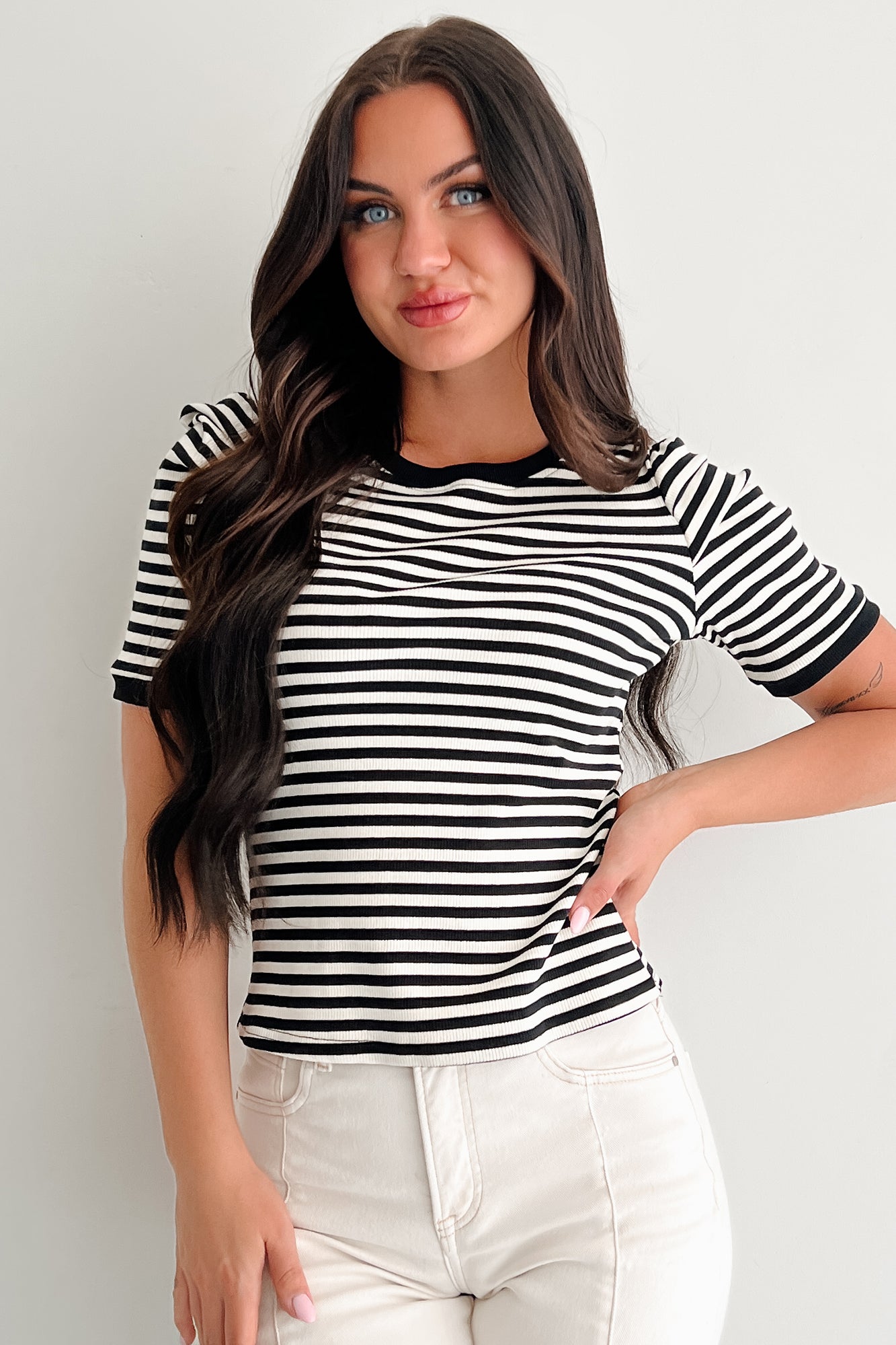 Casual & Cool Striped Puff Shoulder Top (Black/Ivory)