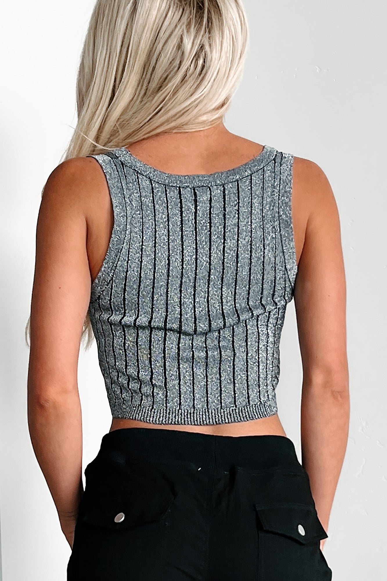 Conveniently Chic Ribbed Lurex Crop Tank (Silver)