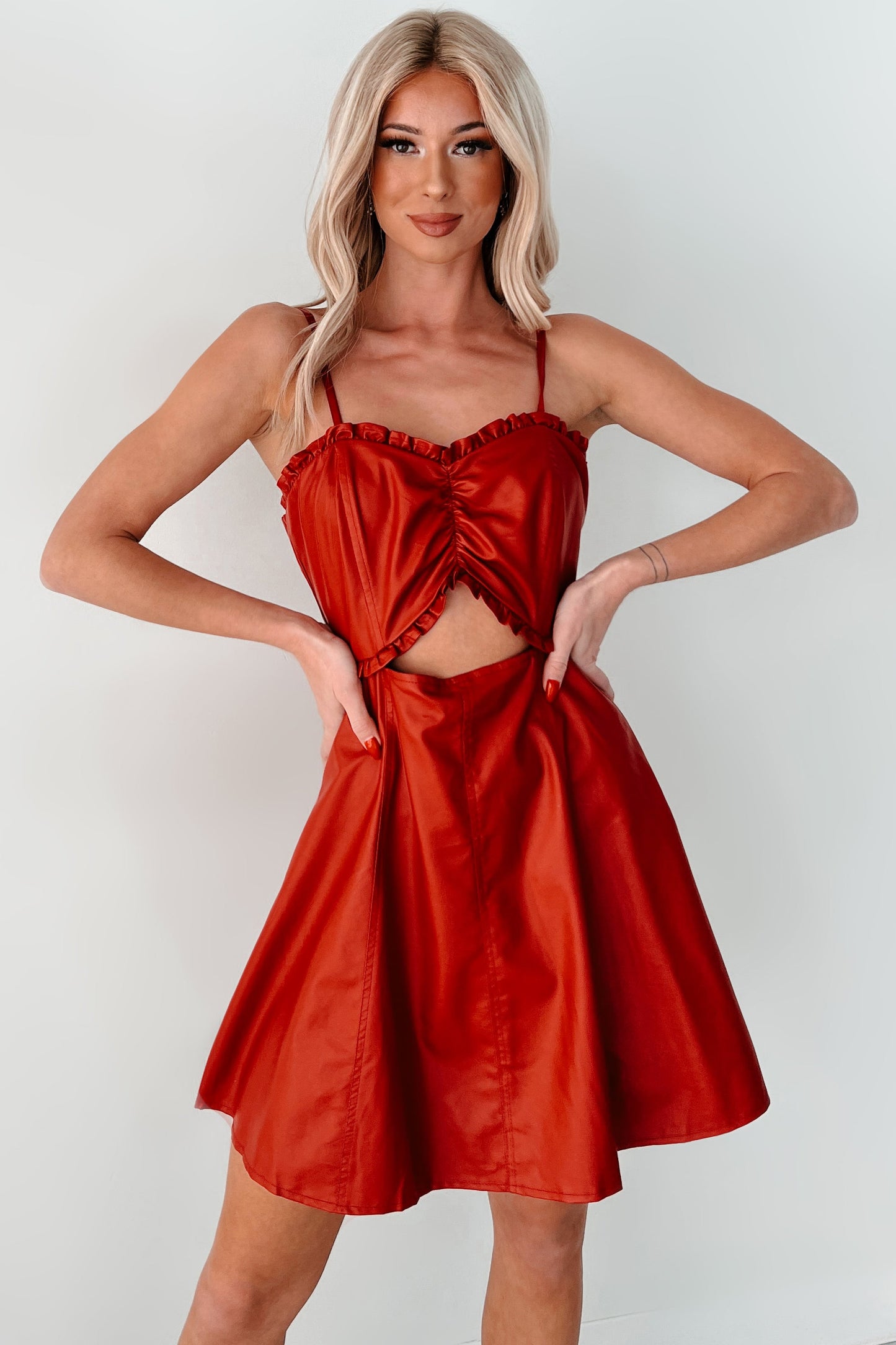 Simmering Looks Faux Leather Mini Dress (Red)