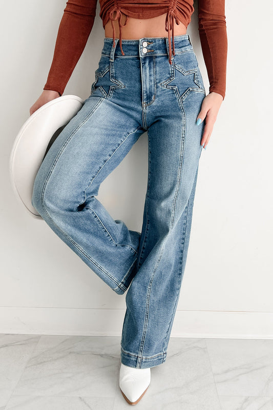 Ella Star Front Seam Wide Leg Judy Blue Jeans (Medium)