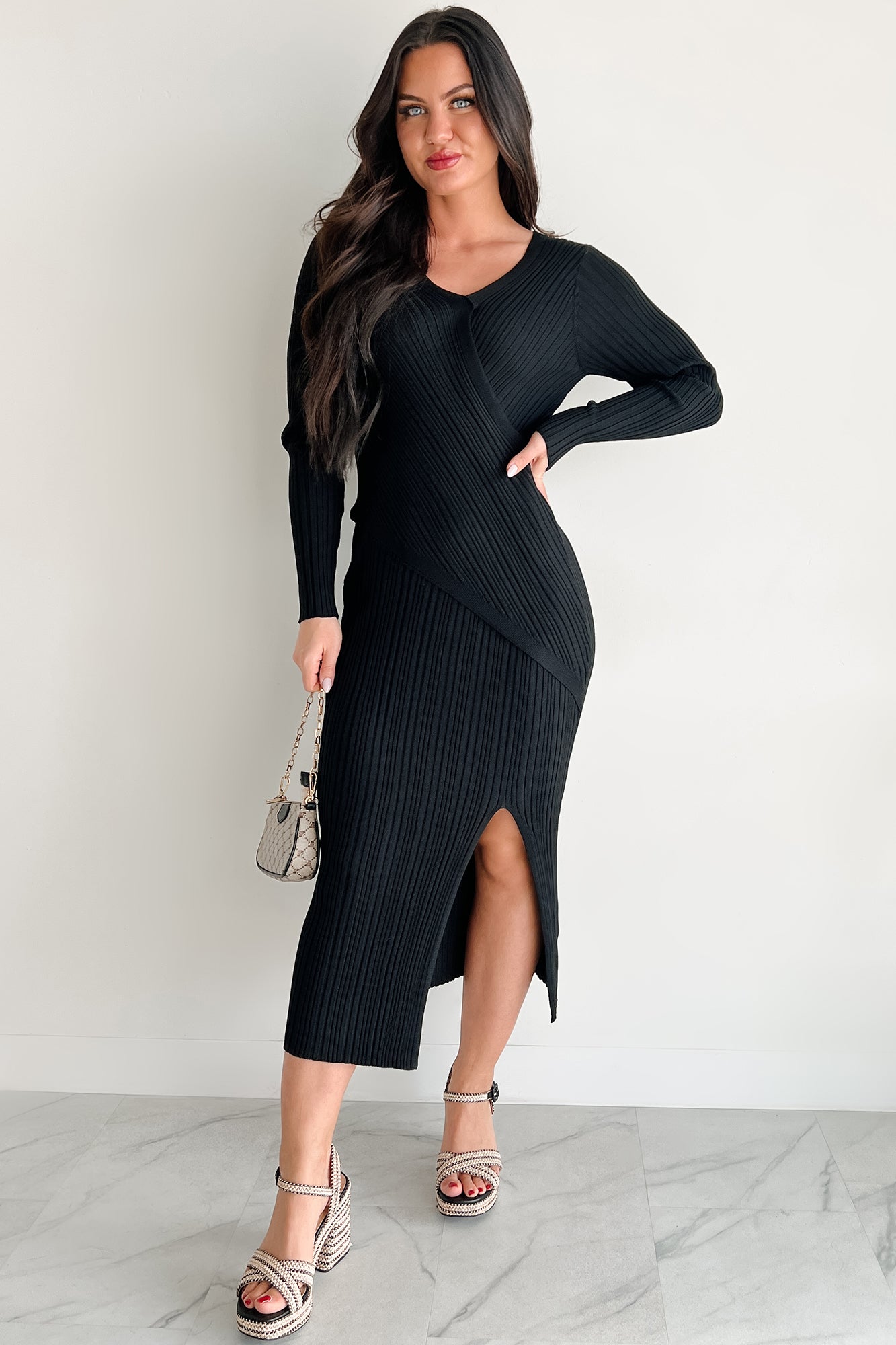 Sunday Brunch Ribbed Long Sleeve Maxi Dress (Black)