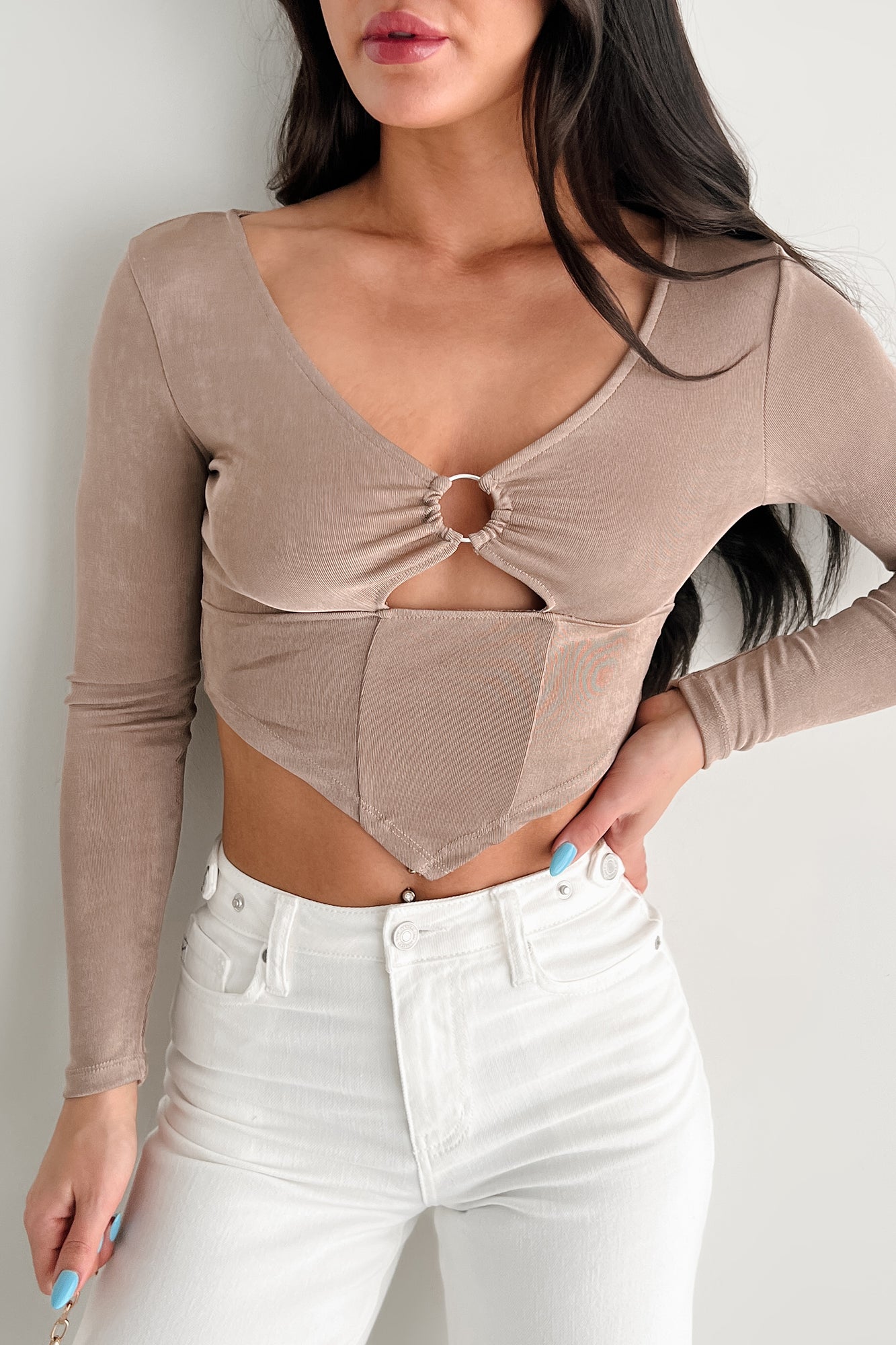 Enchanted Illusion Cut Out Long Sleeve Top (Soft Mocha)