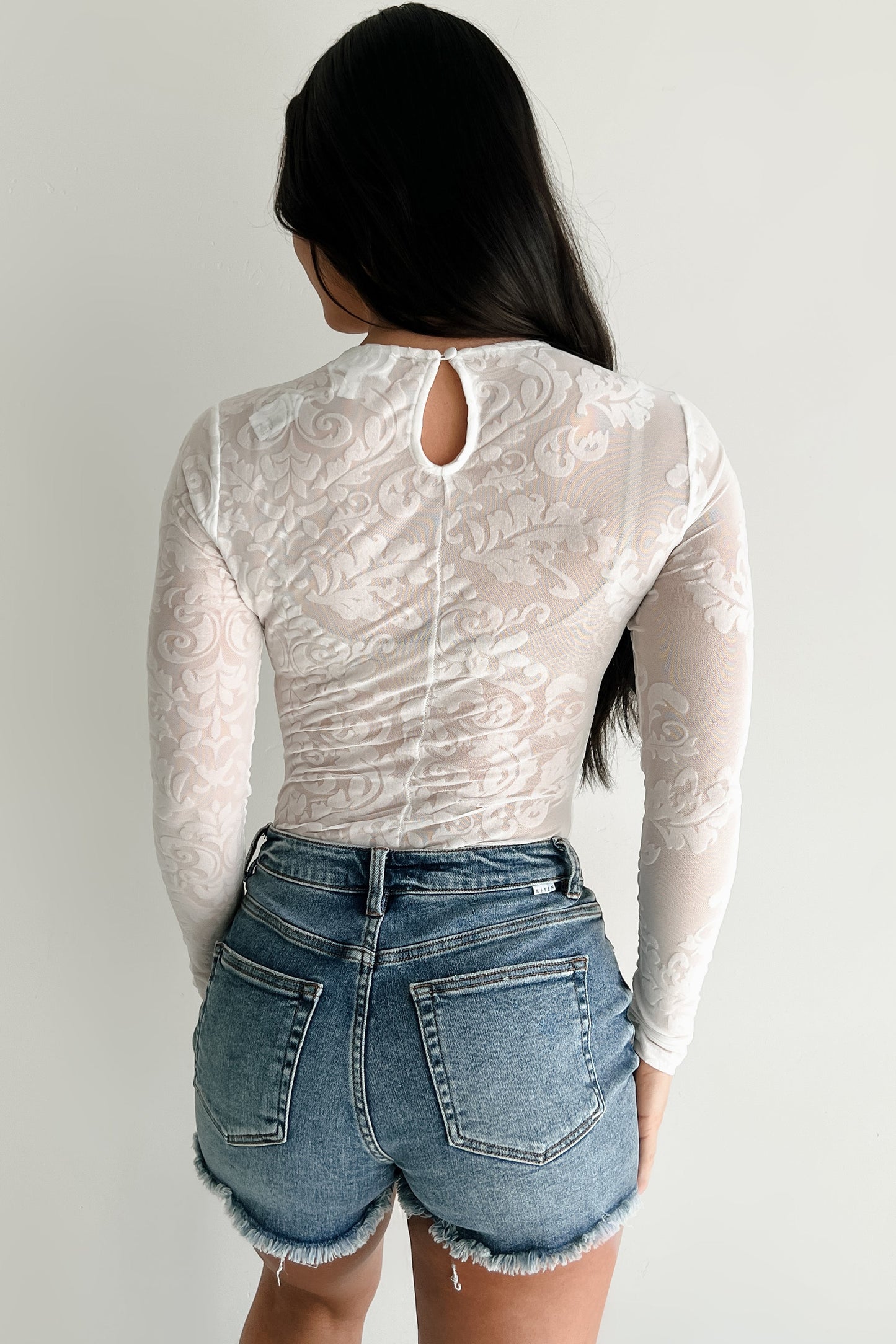 Modern Flair Long Sleeve Flocked Mesh Bodysuit (Ivory)