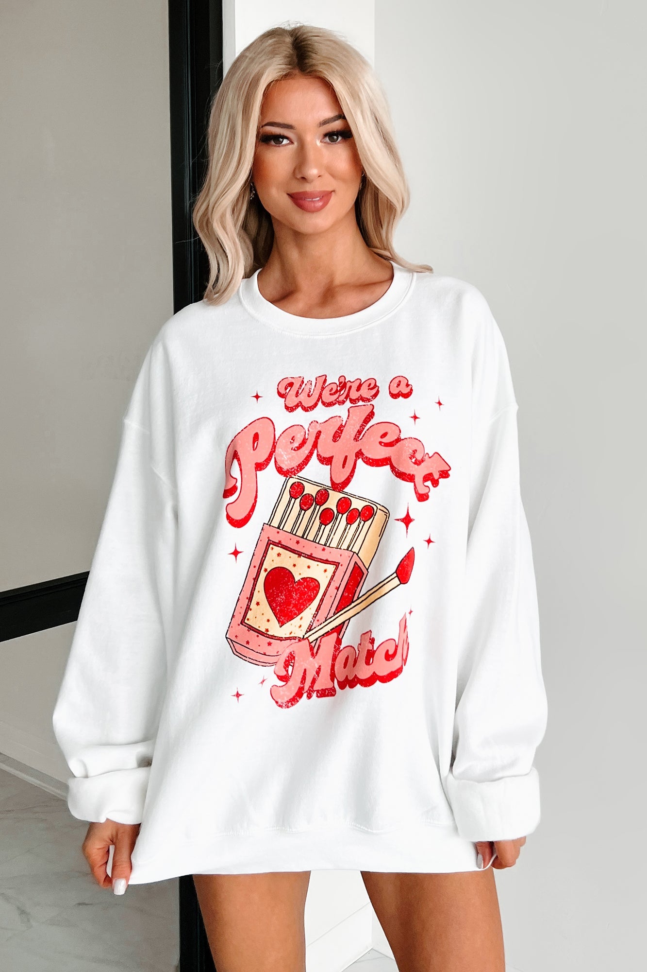 "We're A Perfect Match" Graphic Sweatshirt (White)