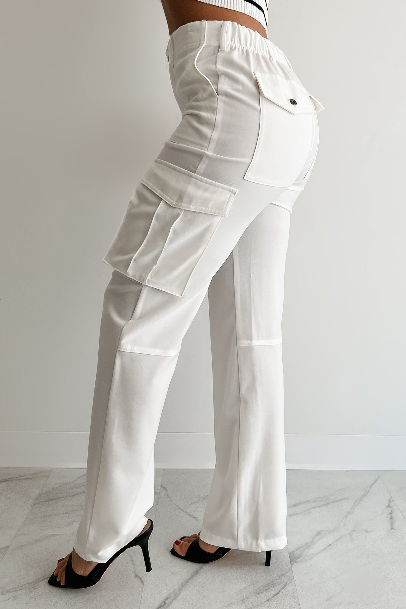 Naturally Stylish High Rise Cargo Pants (White)