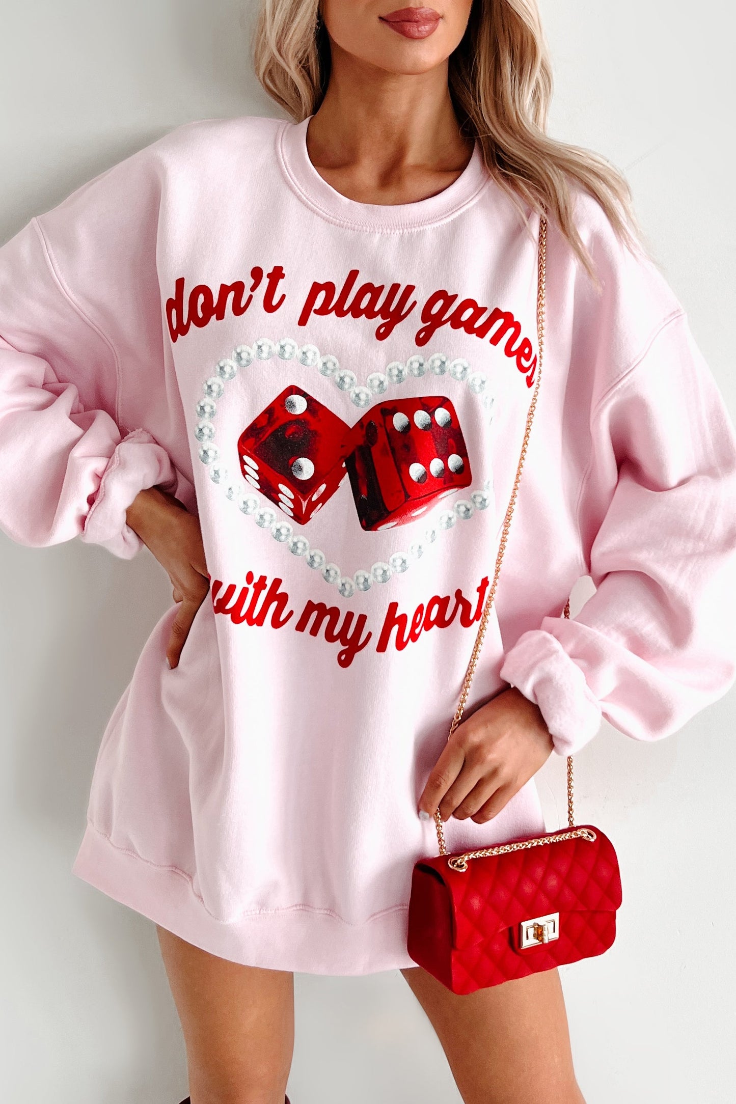 "Don't Play Games With My Heart" Graphic Crewneck (Light Pink)