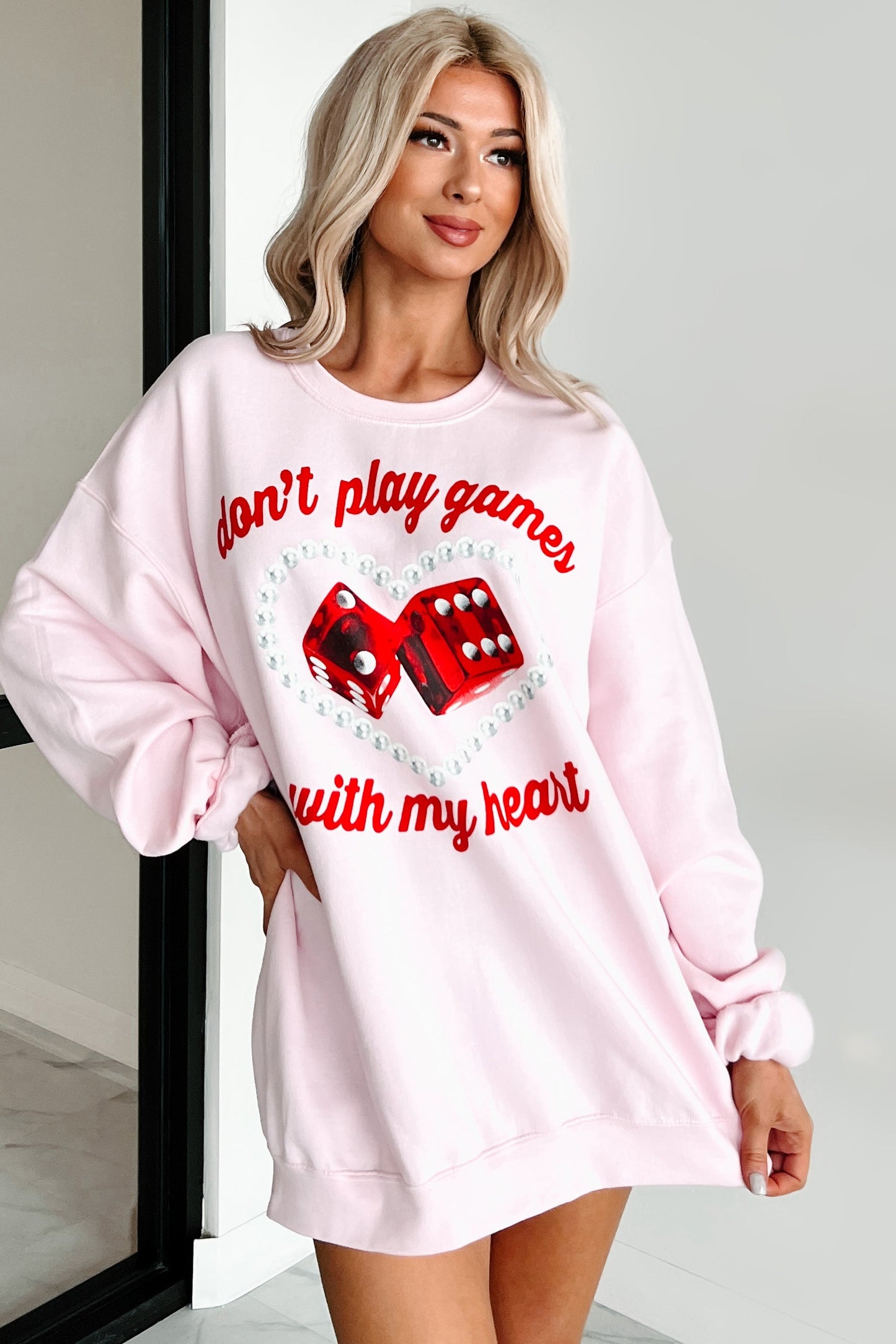 "Don't Play Games With My Heart" Graphic Crewneck (Light Pink)