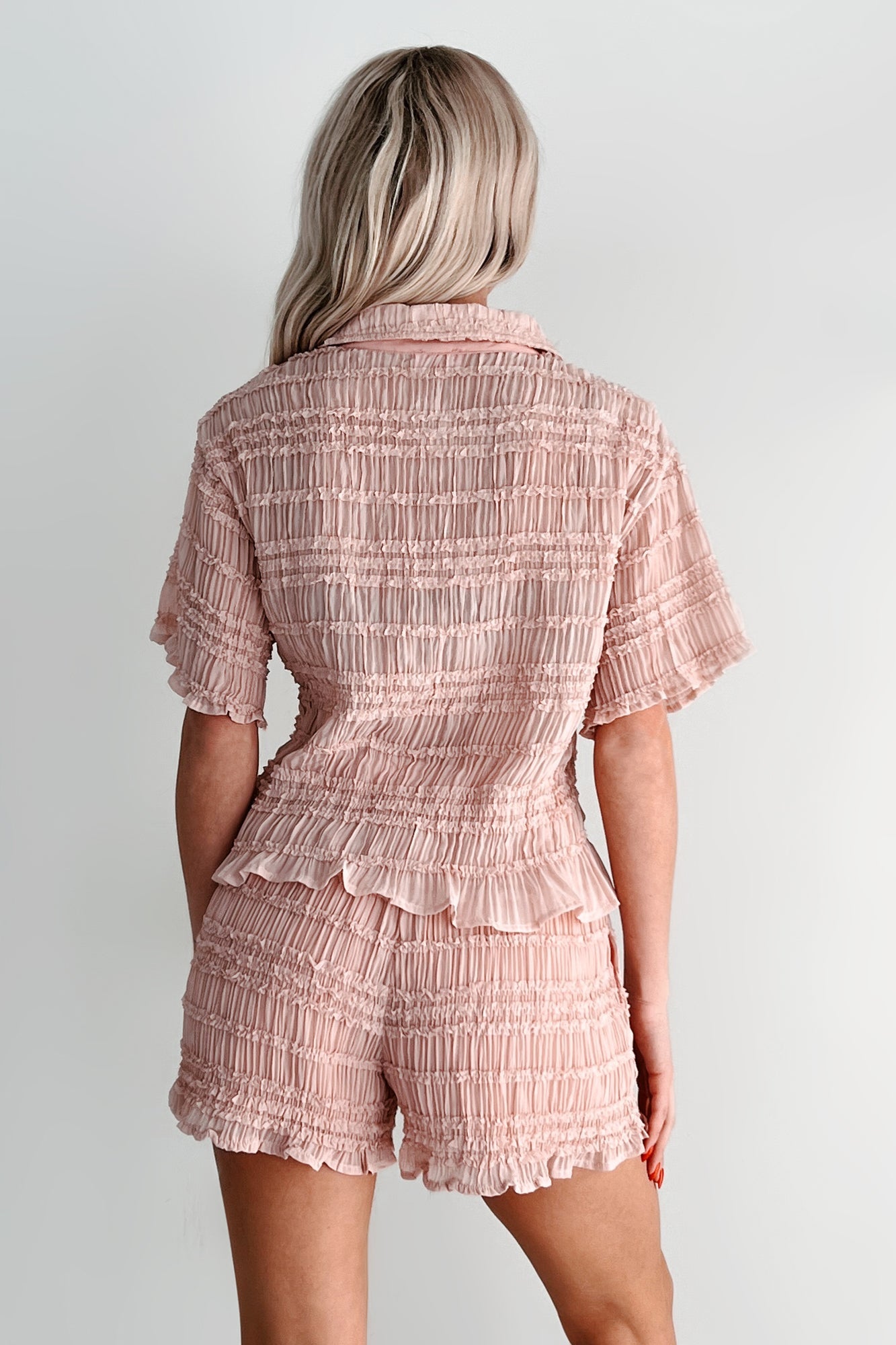 Figuring It Out Ruffle Smocked Blouse & Shorts Set (Pink)