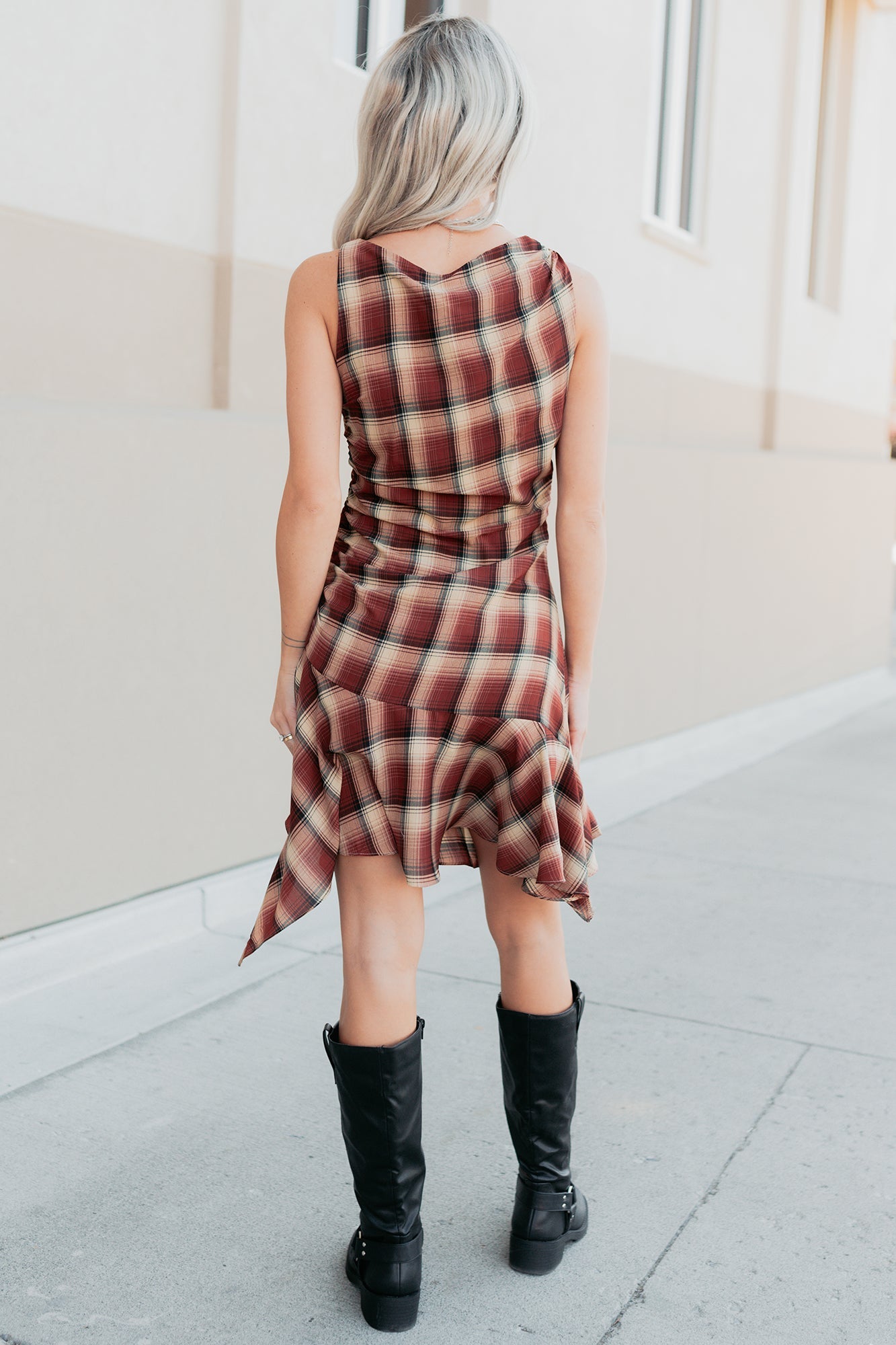 Purely Hers Sleeveless Plaid Mini Dress (Rust Plaid)