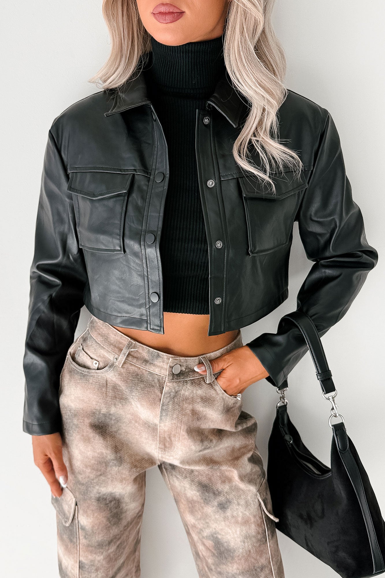Deal With It Faux Leather Cropped Jacket (Black)
