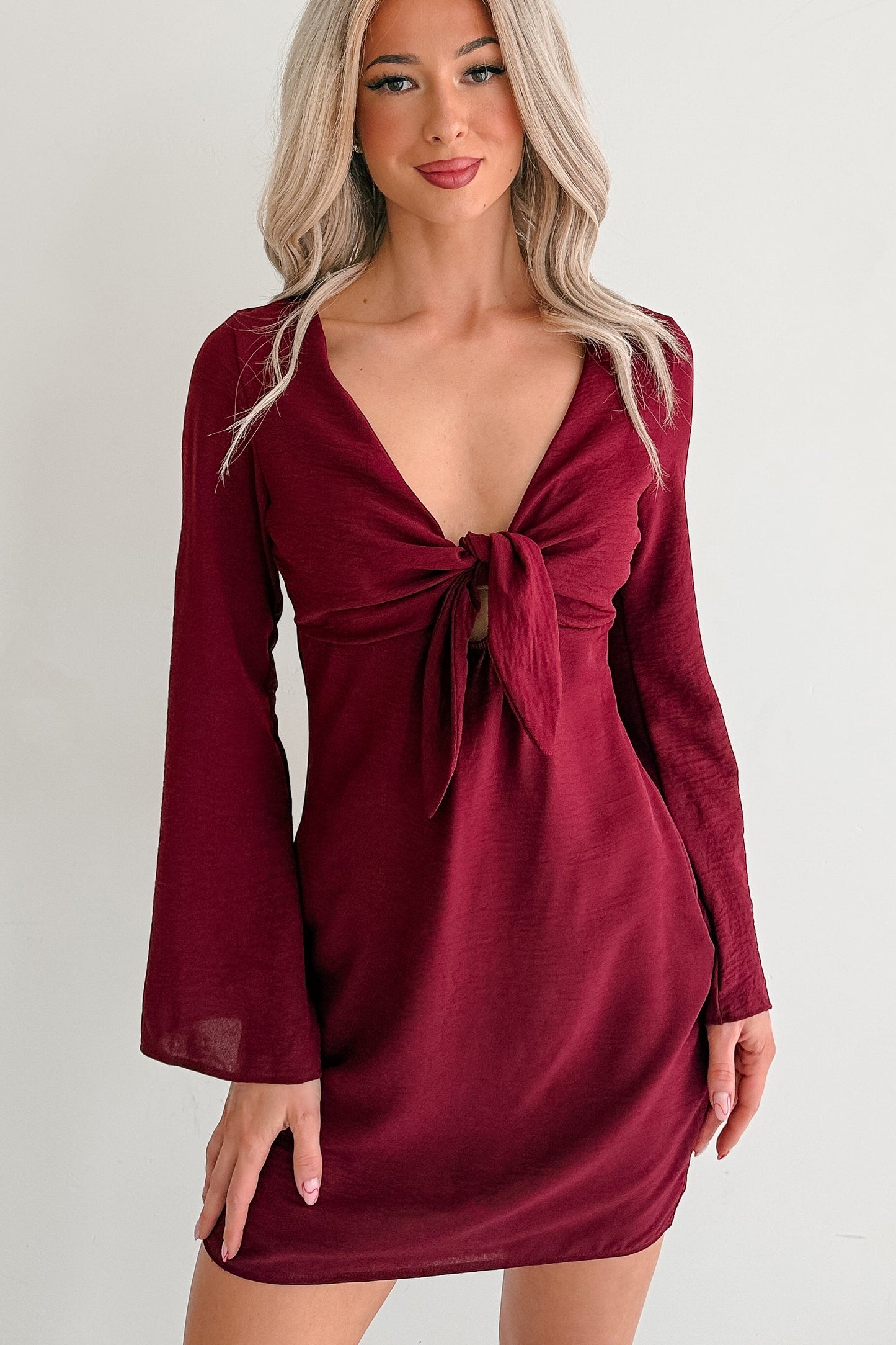 Say You Will Long Flare Sleeve Front Tie Mini Dress (Burgundy)