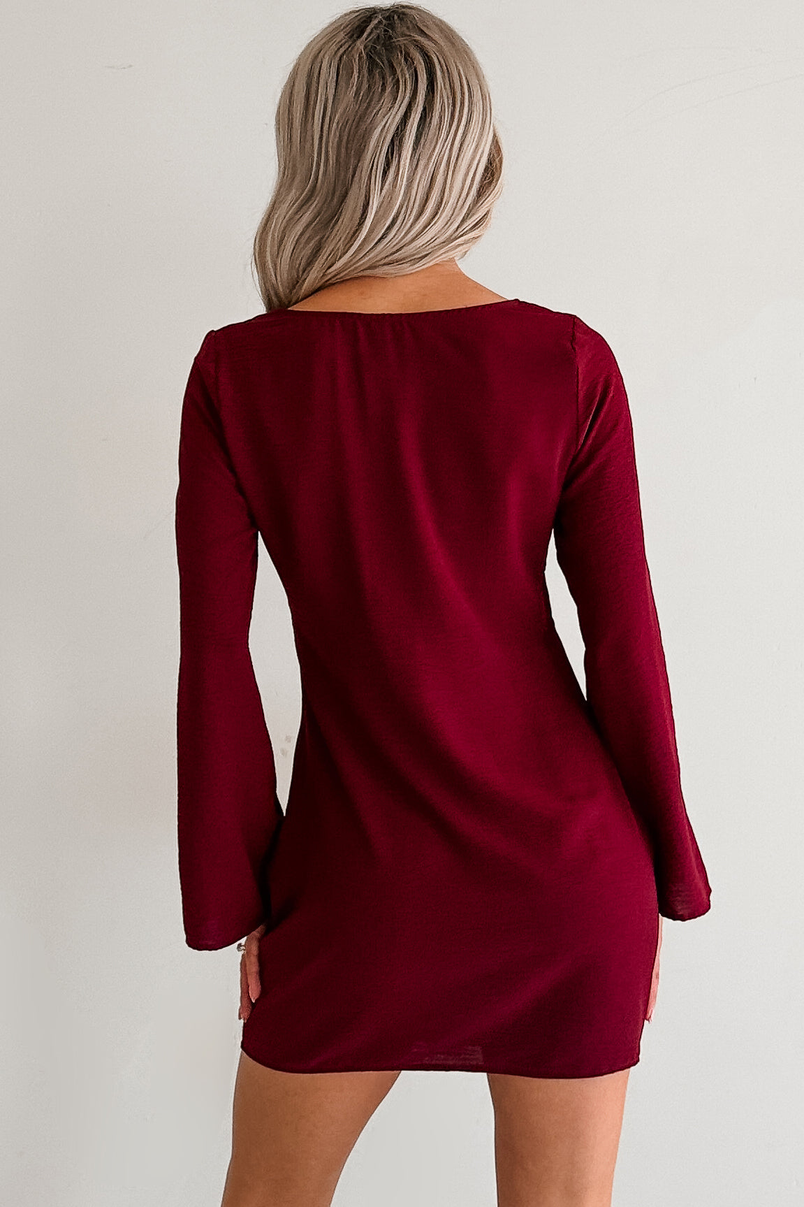 Say You Will Long Flare Sleeve Front Tie Mini Dress (Burgundy)