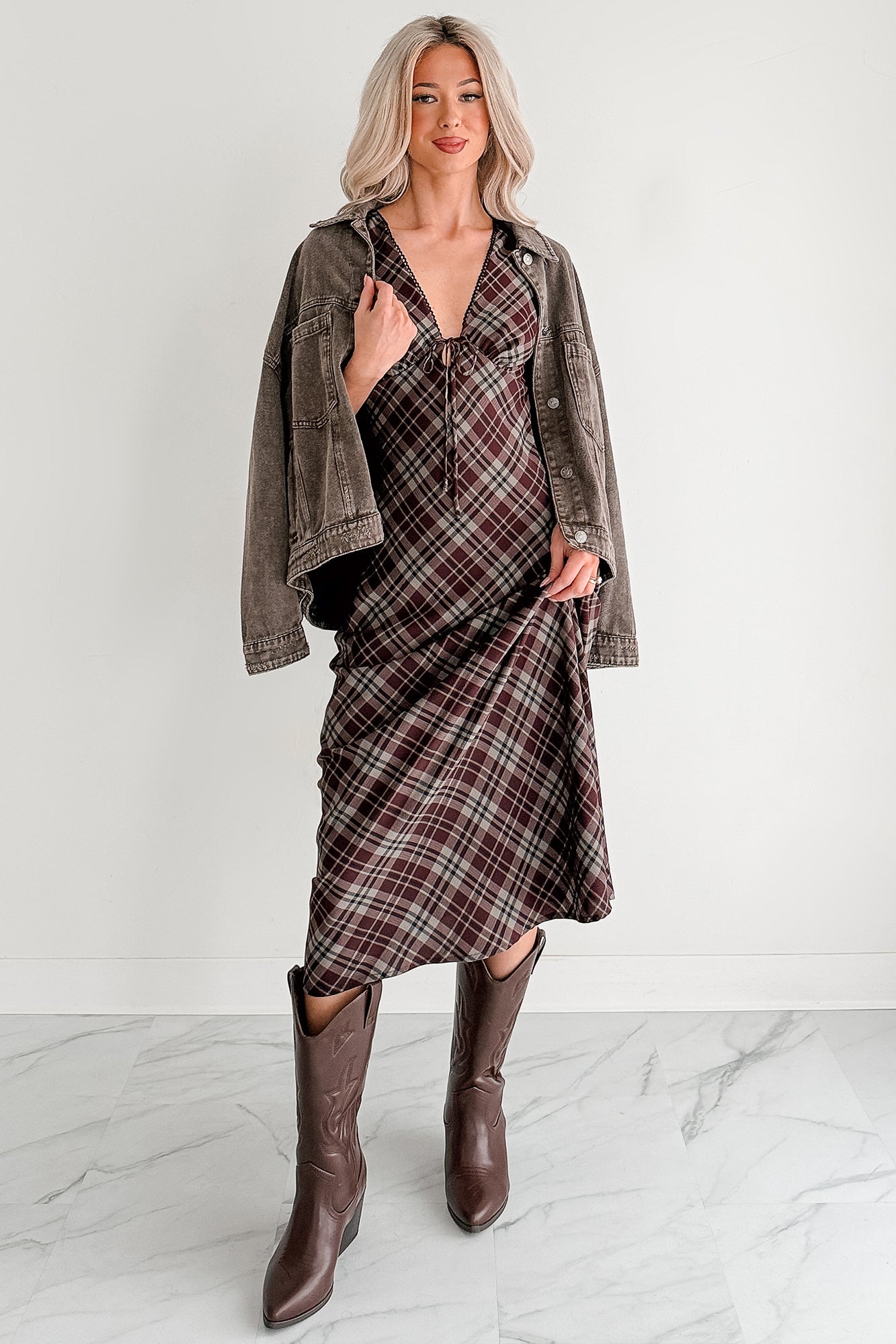 Good Mistake Plaid Deep V-Neck Midi Dress (Burgundy/Taupe)