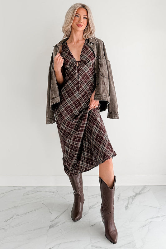 Good Mistake Plaid Deep V-Neck Midi Dress (Burgundy/Taupe)